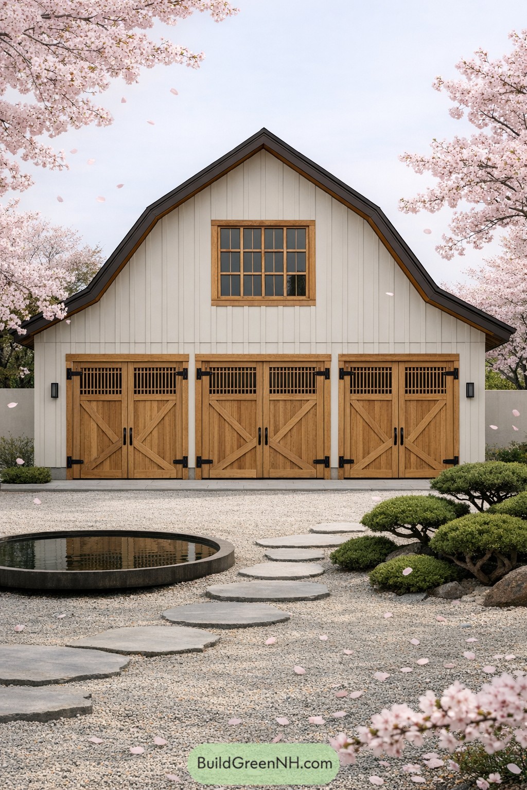 Gambrel roof barn garage with wooden doors and Japanese-inspired gravel garden