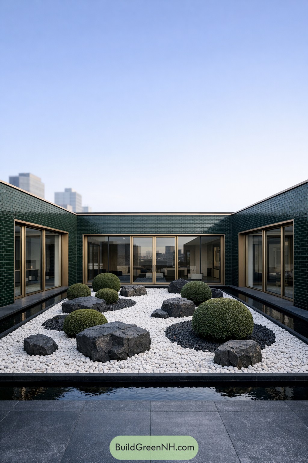 Minimalist rooftop courtyard with white gravel, dark stones, clipped shrubs, and surrounding glass walls