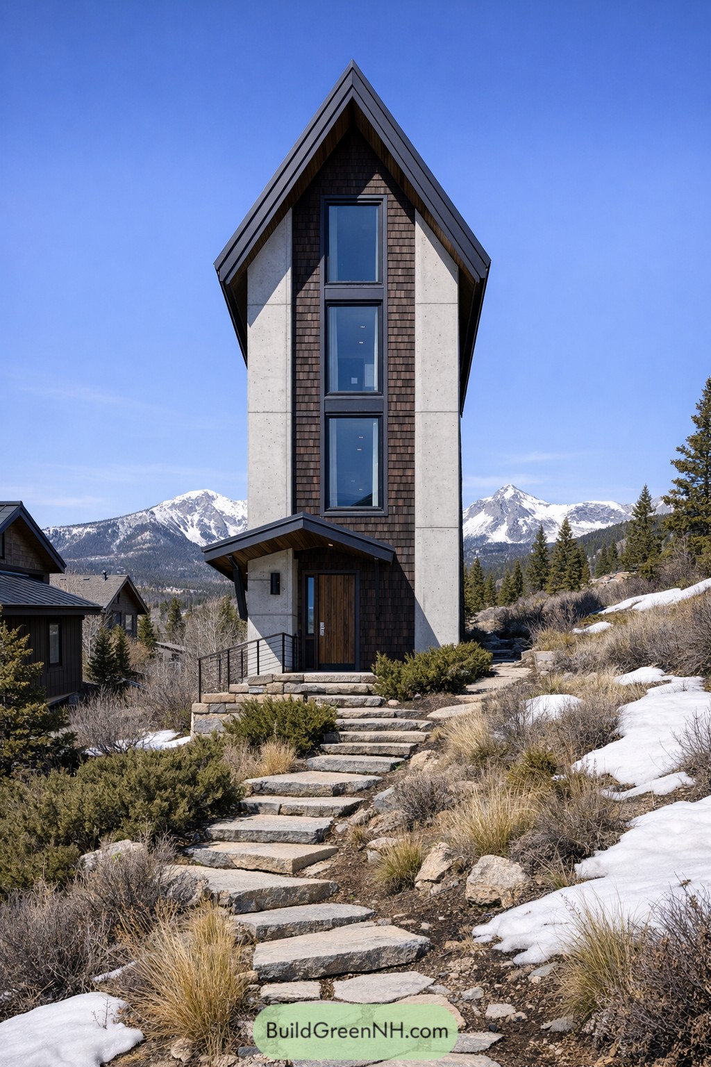 Tall slender mountain house with steep roof and stone path in snowy landscape