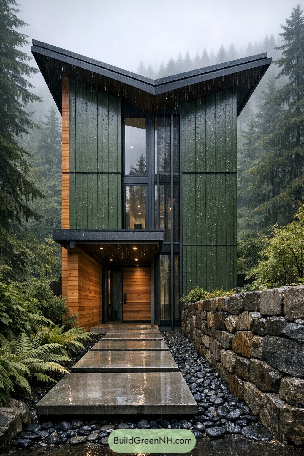 Tall narrow modern house with green siding, butterfly roof, and concrete path in a misty forest
