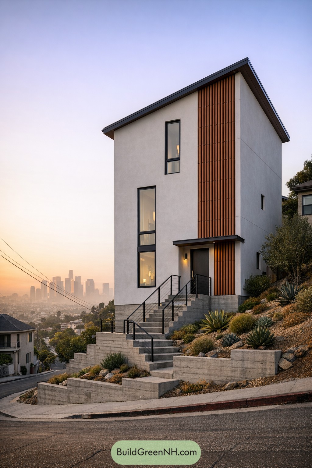 Tall narrow modern house on terraced concrete steps overlooking a city skyline at sunset