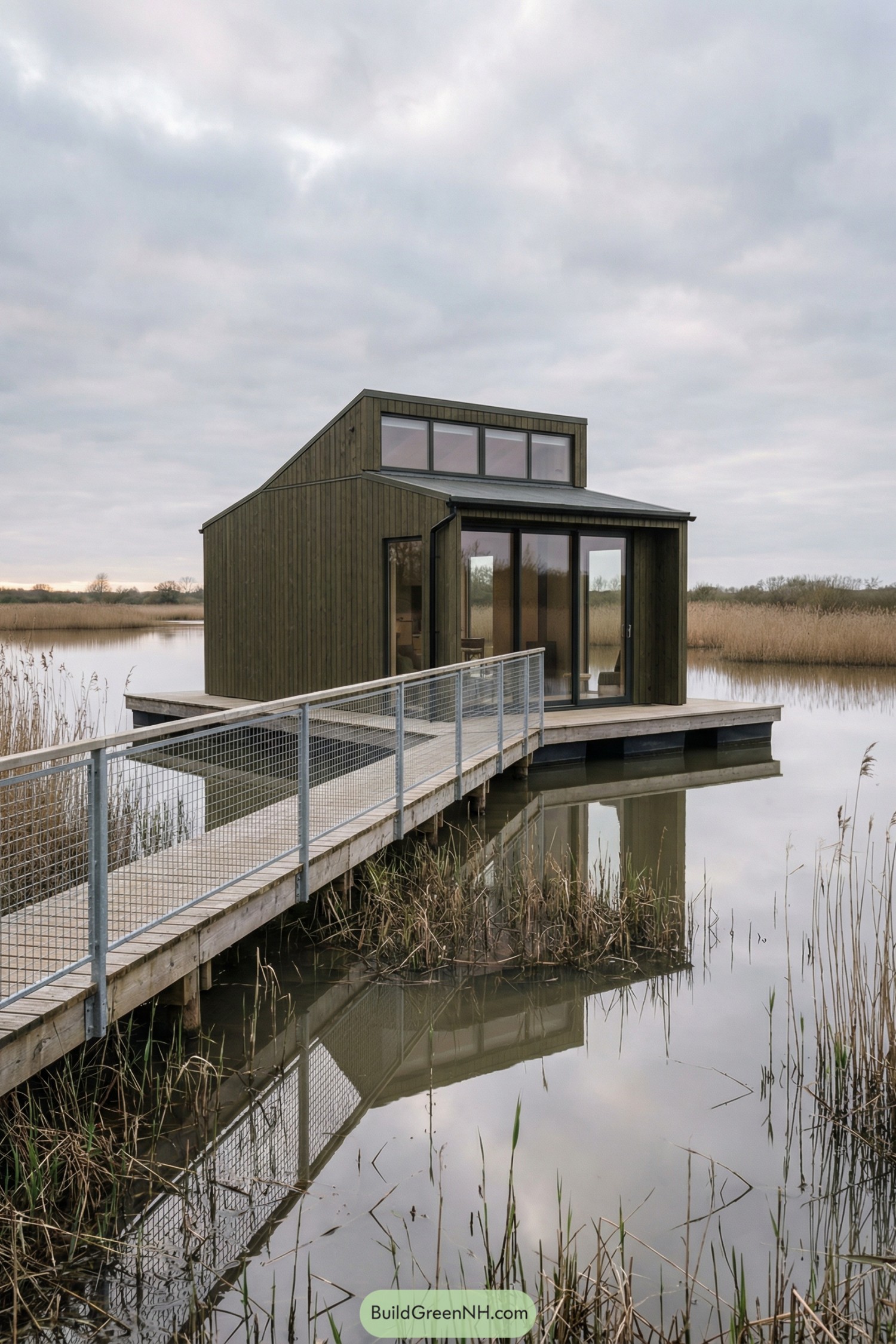 Small modern timber cabin over calm water with large windows and a narrow boardwalk