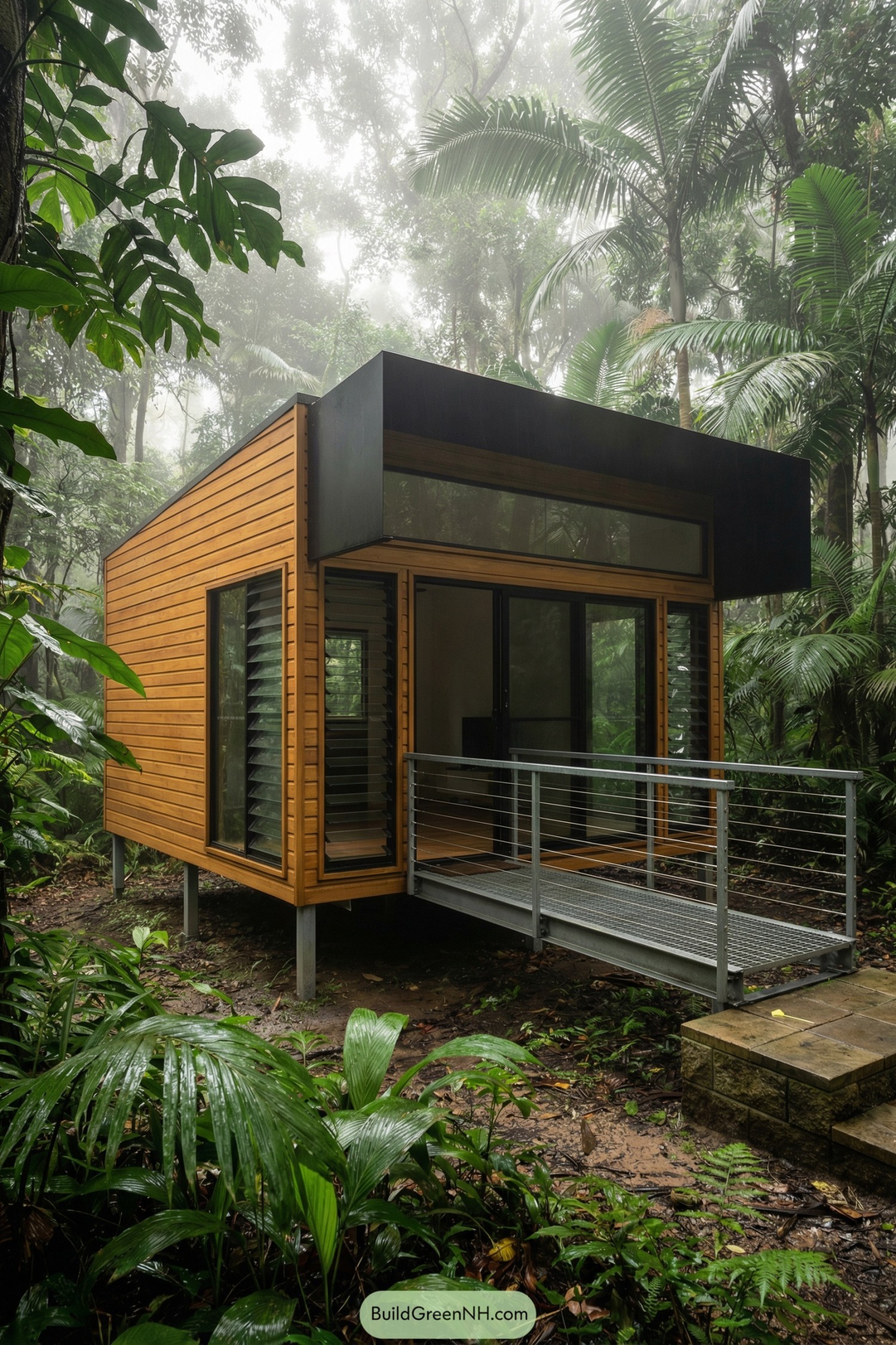Small modern timber cabin with large glass front set in dense rainforest