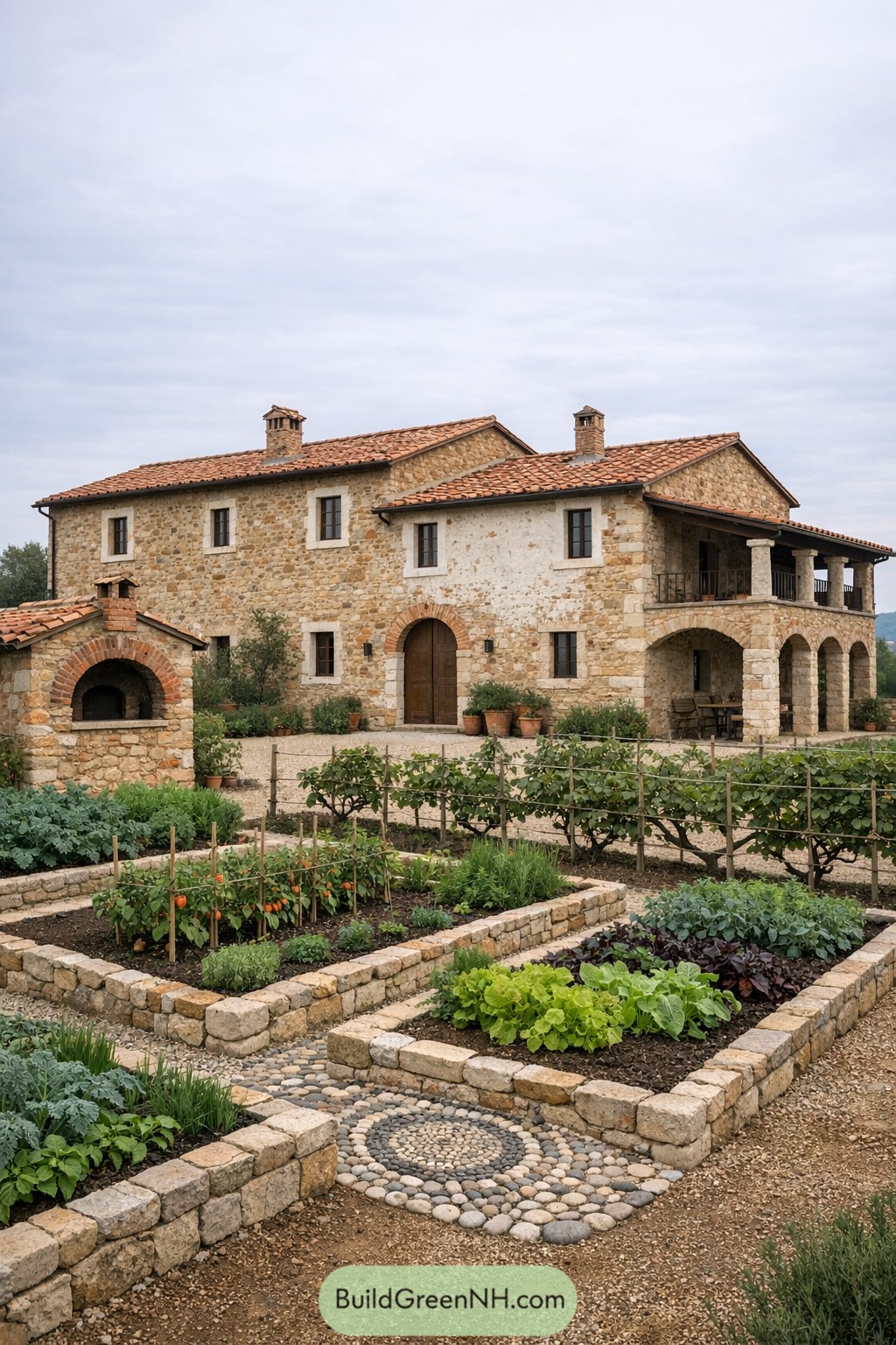 Tuscan stone farmhouse with raised vegetable gardens