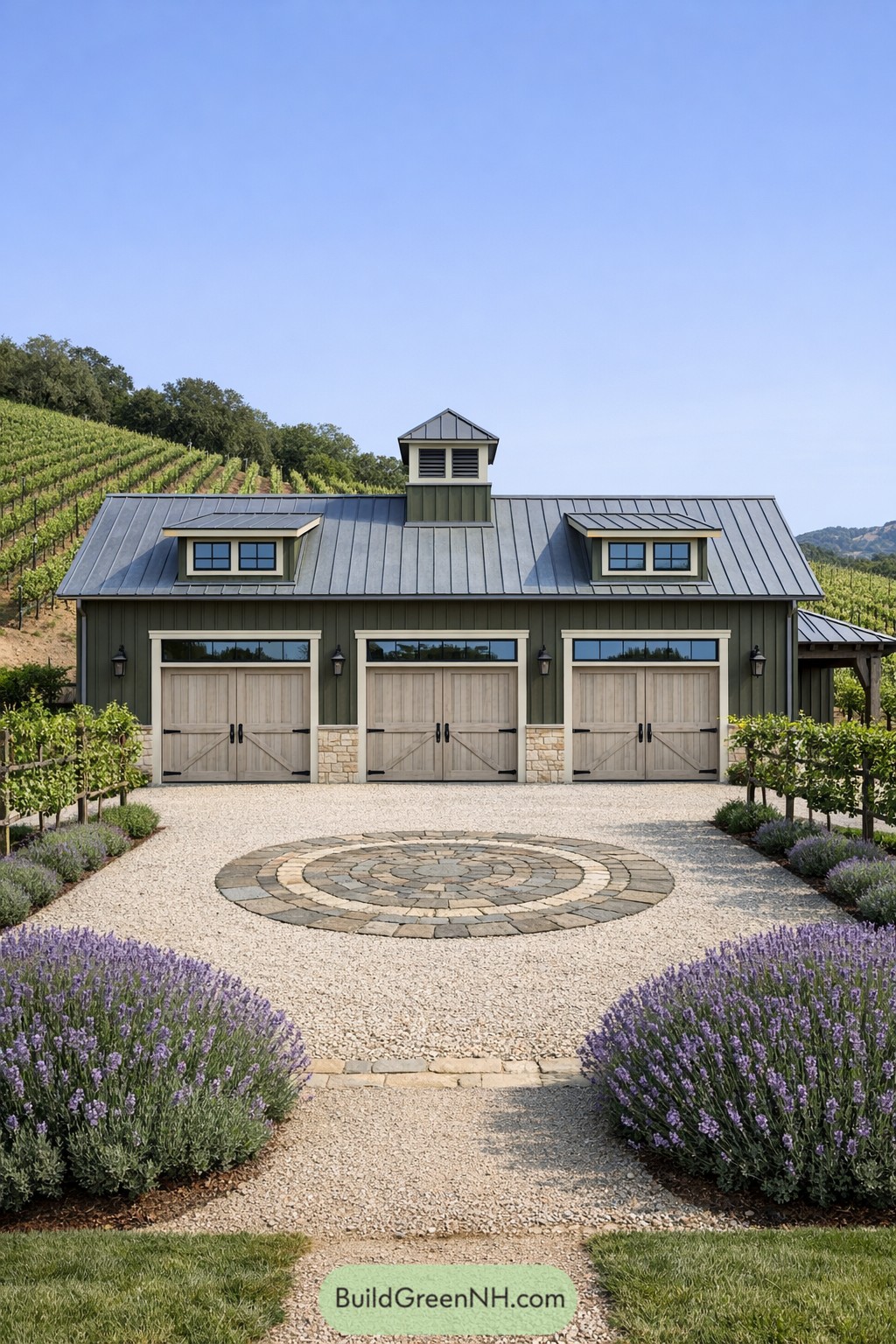 Barn style three bay garage with metal roof, wood doors, and a circular stone driveway framed by lavender