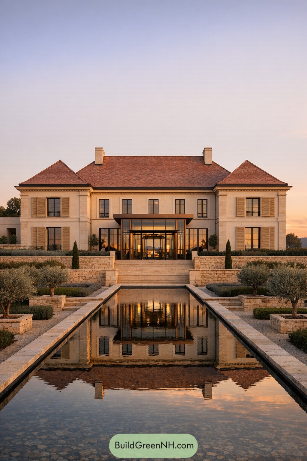 Modern French chateau facing a formal reflecting pool at sunset