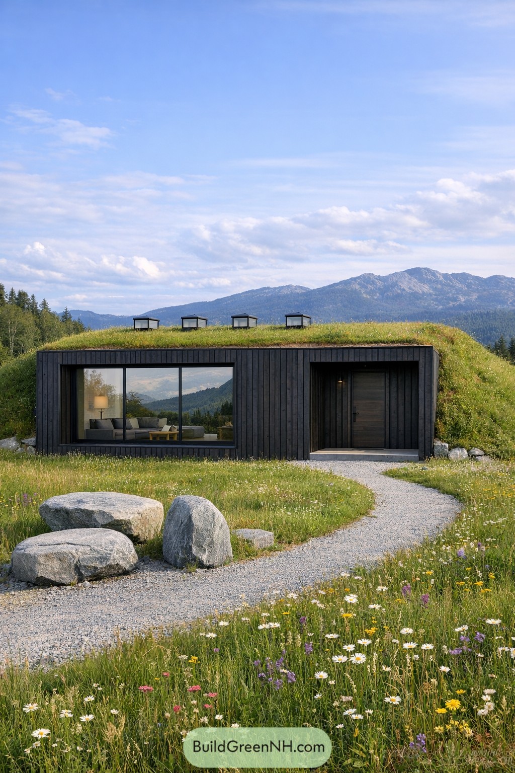 Grass covered modern cabin with dark wood facade and panoramic window in a mountain meadow