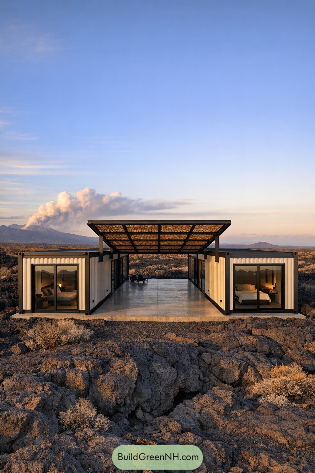 Modern container courtyard home in rocky desert