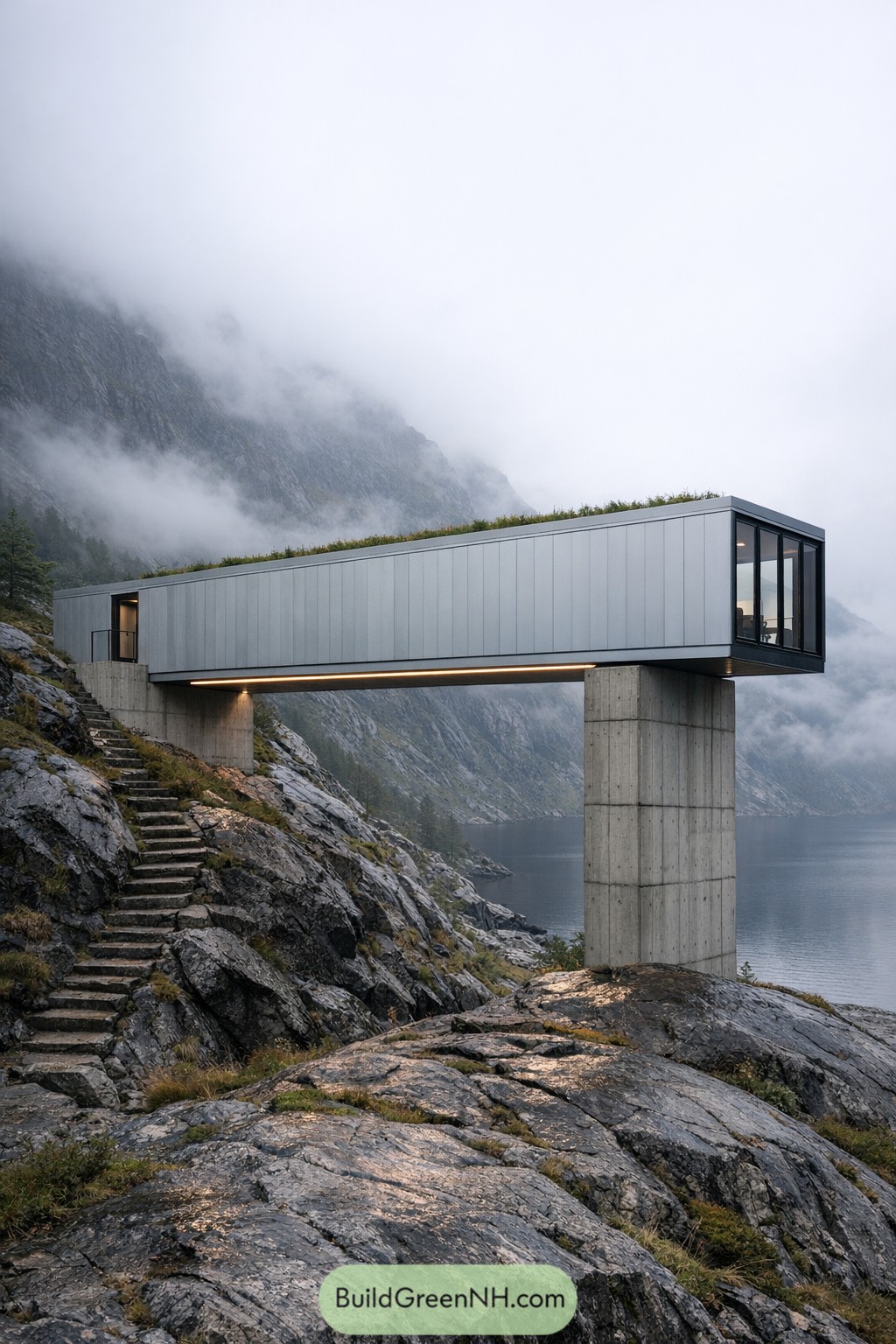 Long modern cabin on concrete piers above rocky fjord
