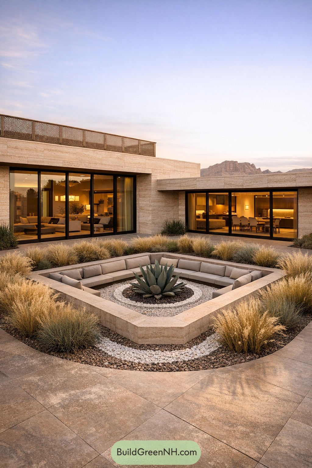 Modern desert courtyard with sunken seating around a sculptural agave