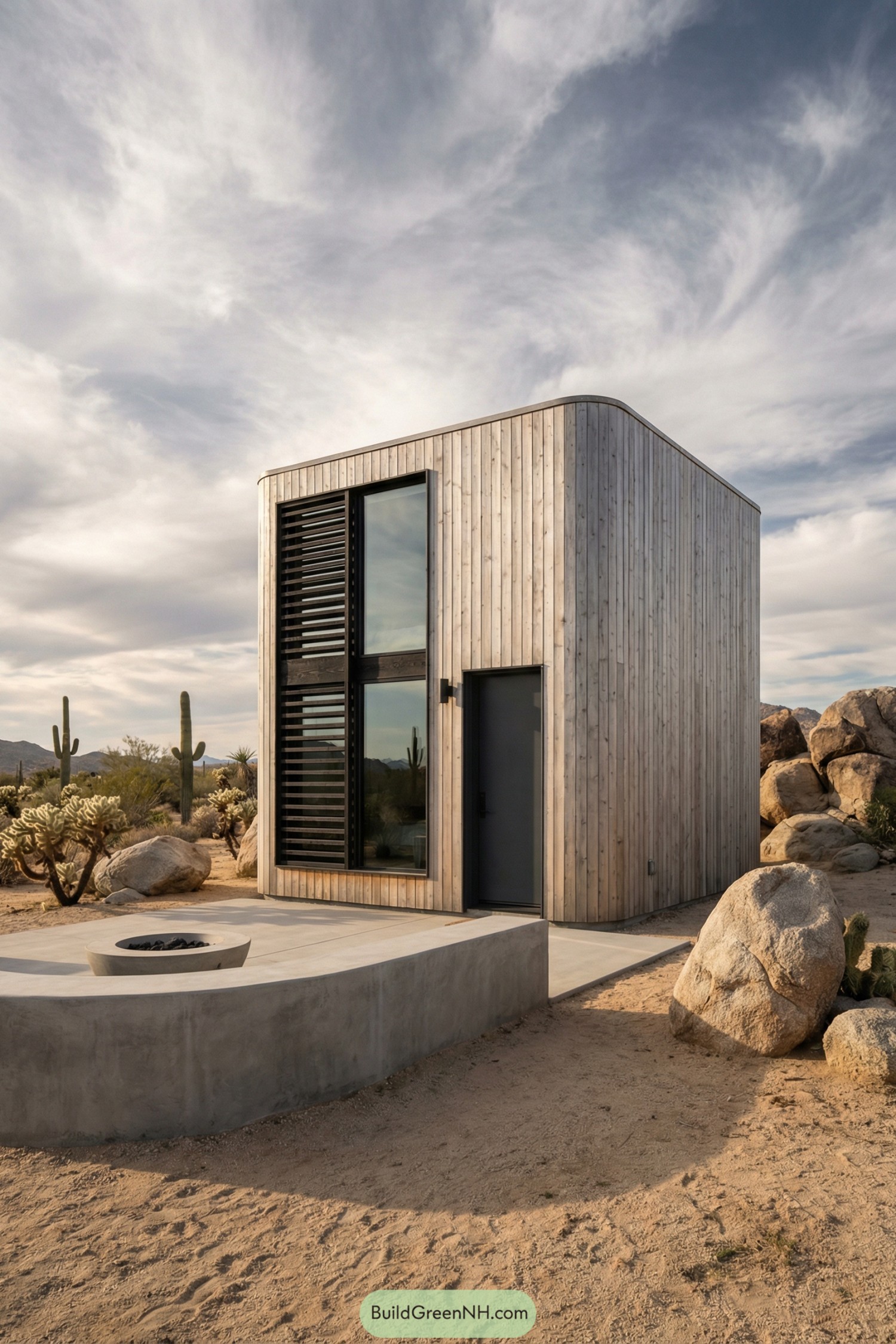 Compact wooden cabin with tall glass facade and desert patio