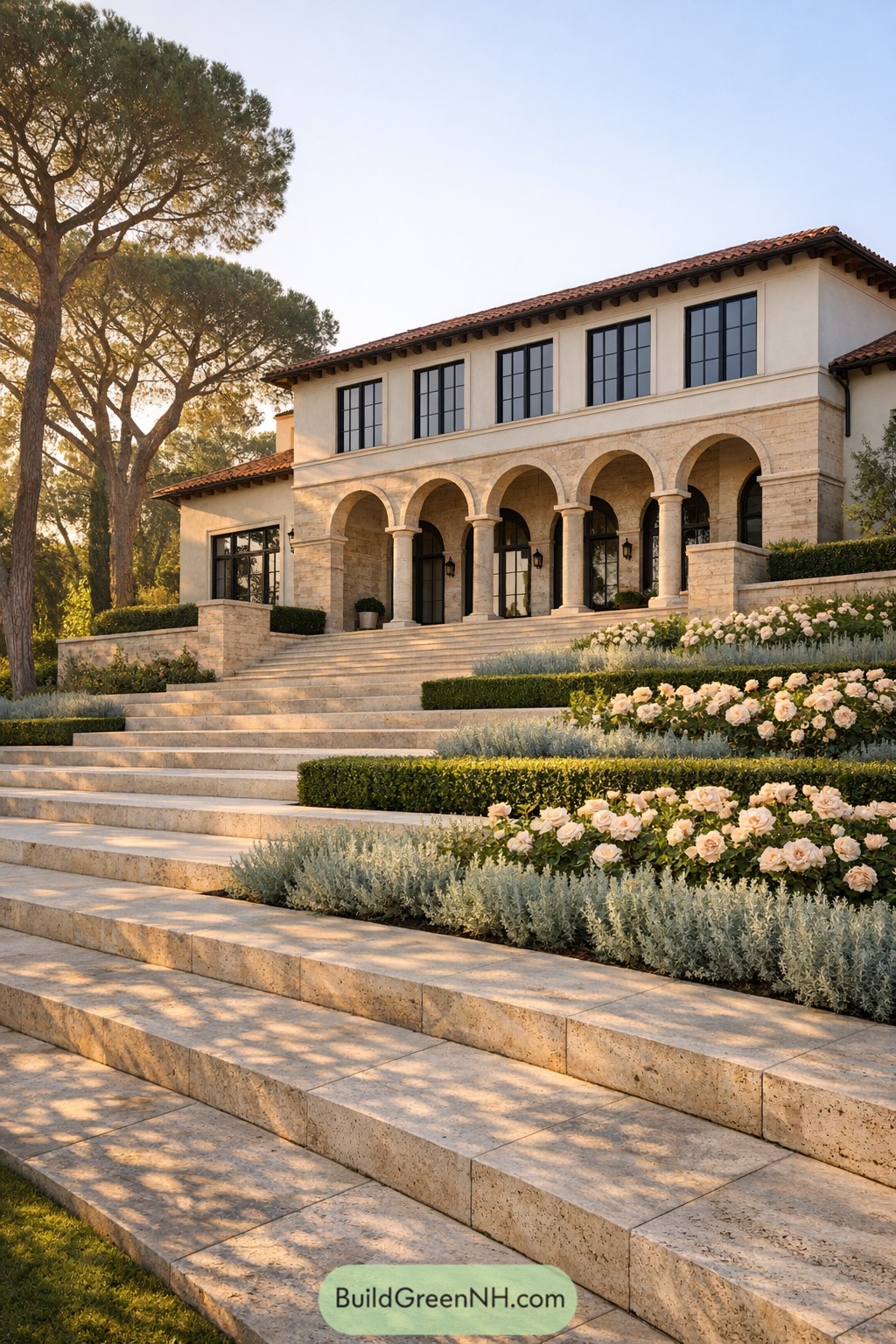Elegant Mediterranean villa with arched loggia, broad stone steps, and terraced rose gardens at sunset