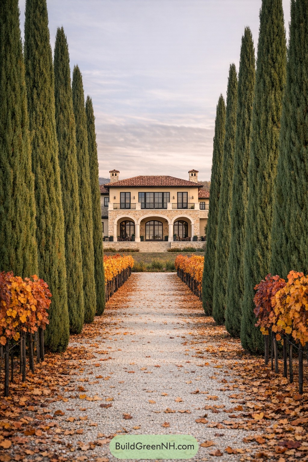 Mediterranean villa at end of tree-lined path