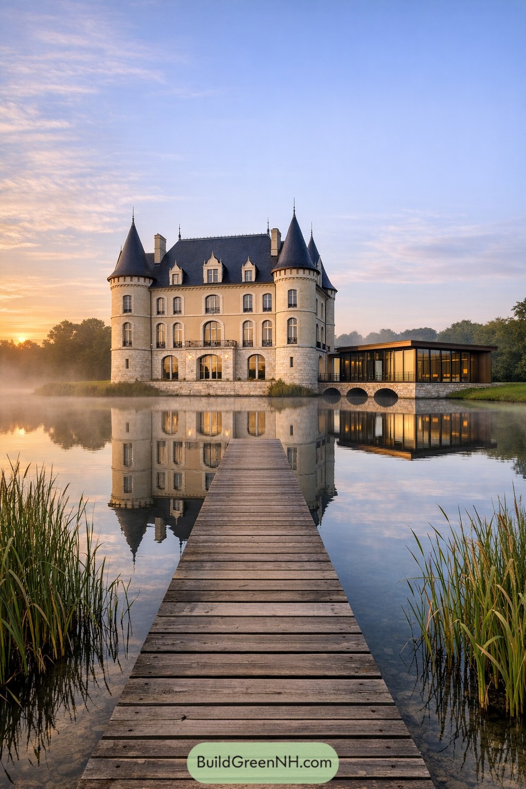 Historic style chateau reflected in a calm lake with a wooden boardwalk and attached modern glass wing