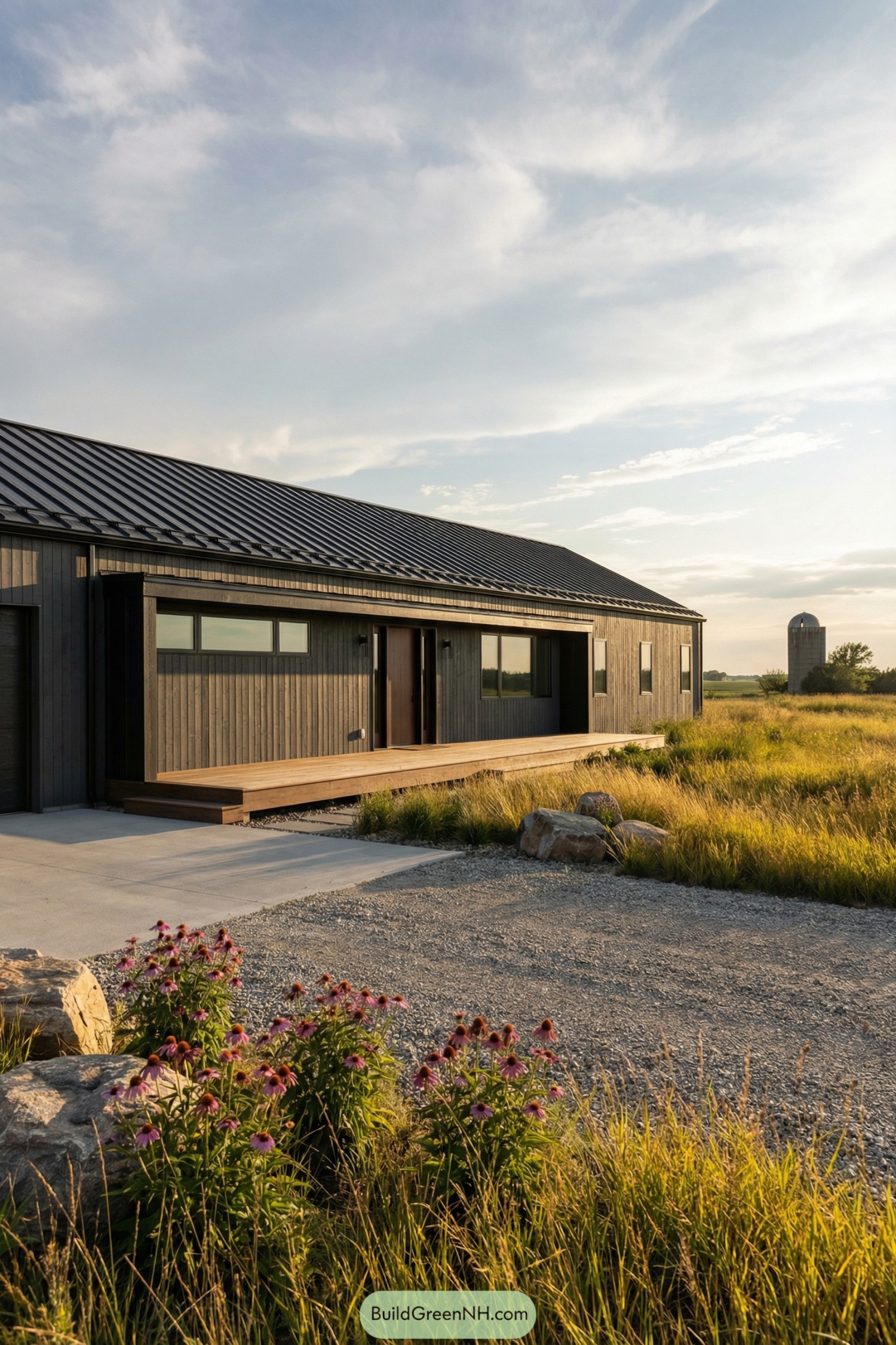 Single story dark barndominium with metal roof, wood siding, and long front deck in a grassy rural landscape