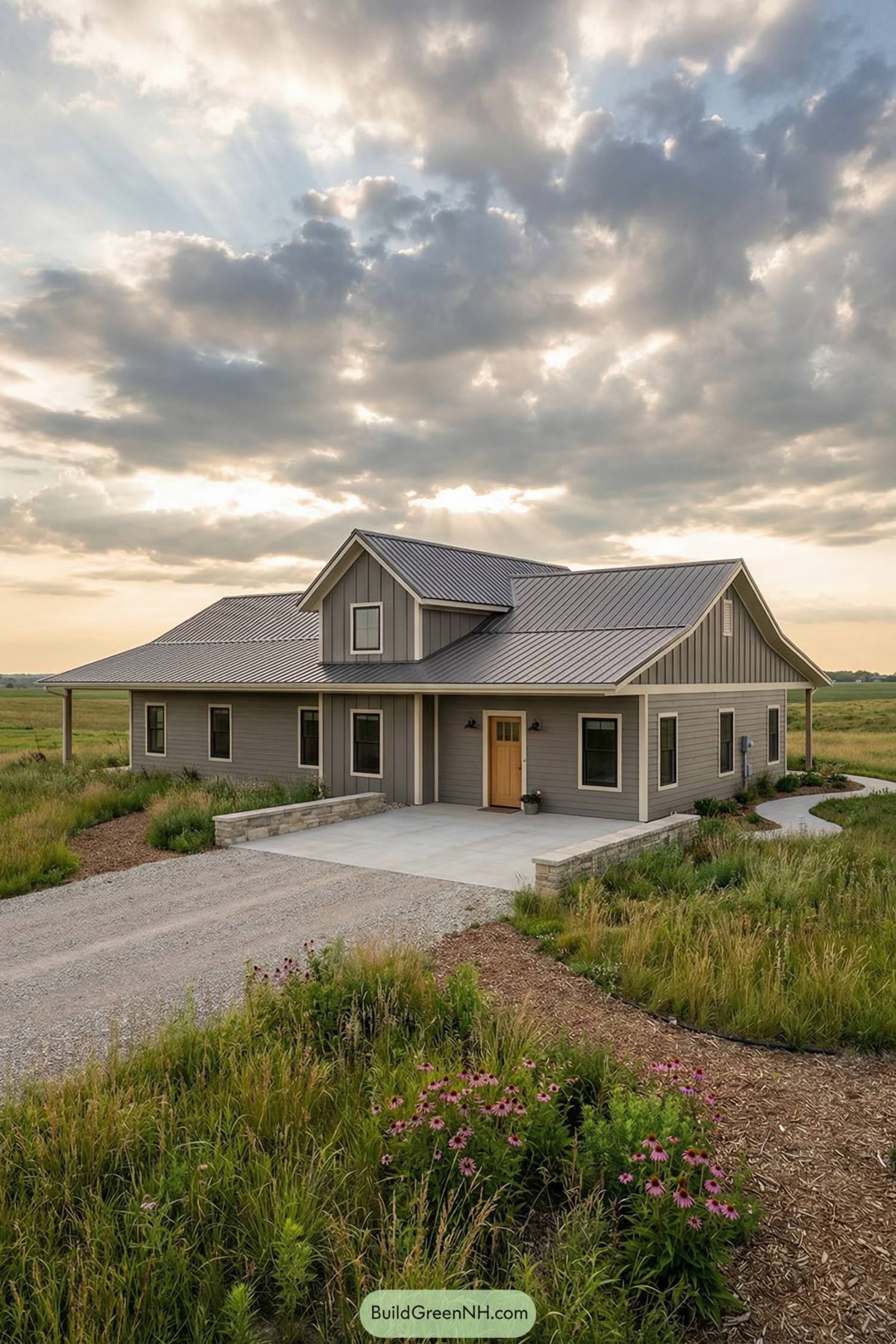 Single story grey barndominium with metal roof set in a grassy meadow under a cloudy sky
