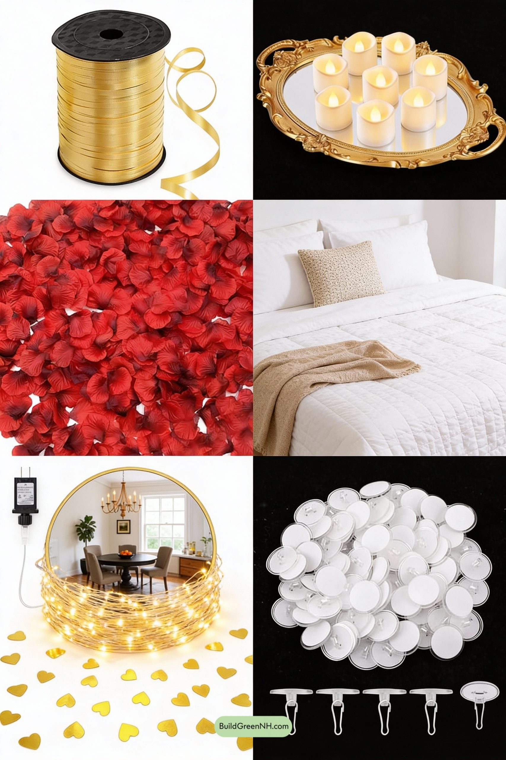 Moodboard for Mirror Magic: Candles, Petals, Heart Balloons