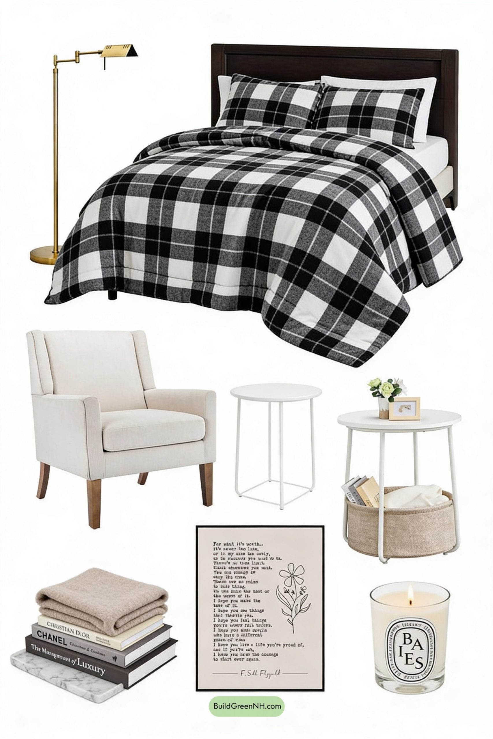 Moodboard for Bookish Bedside Nook, Plaid and Glow