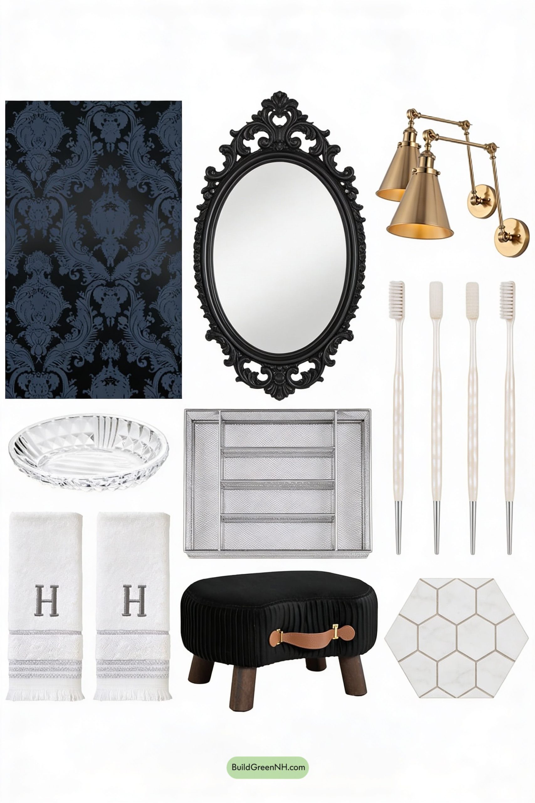 Moodboard for Moody Damask Vanity, Brass Candlelight Glow