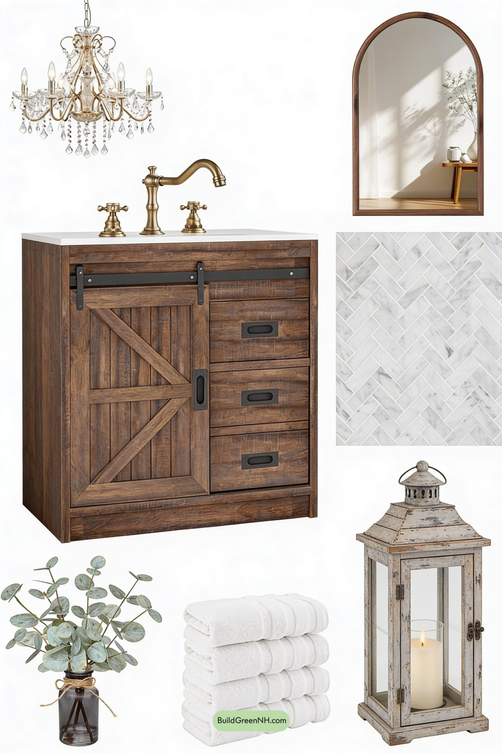 Moodboard for Rustic Barn Vanity, Crystal Chandelier Glow