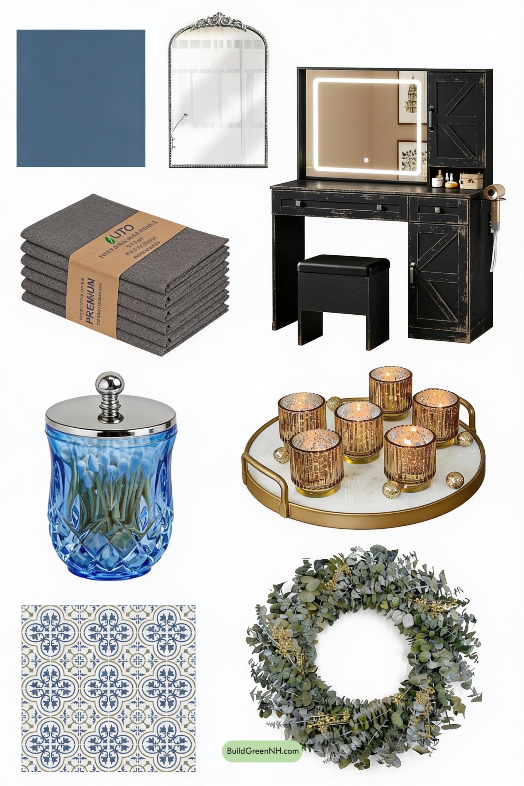 Moodboard for Smoky Blue Vanity with Aged Silver Glow