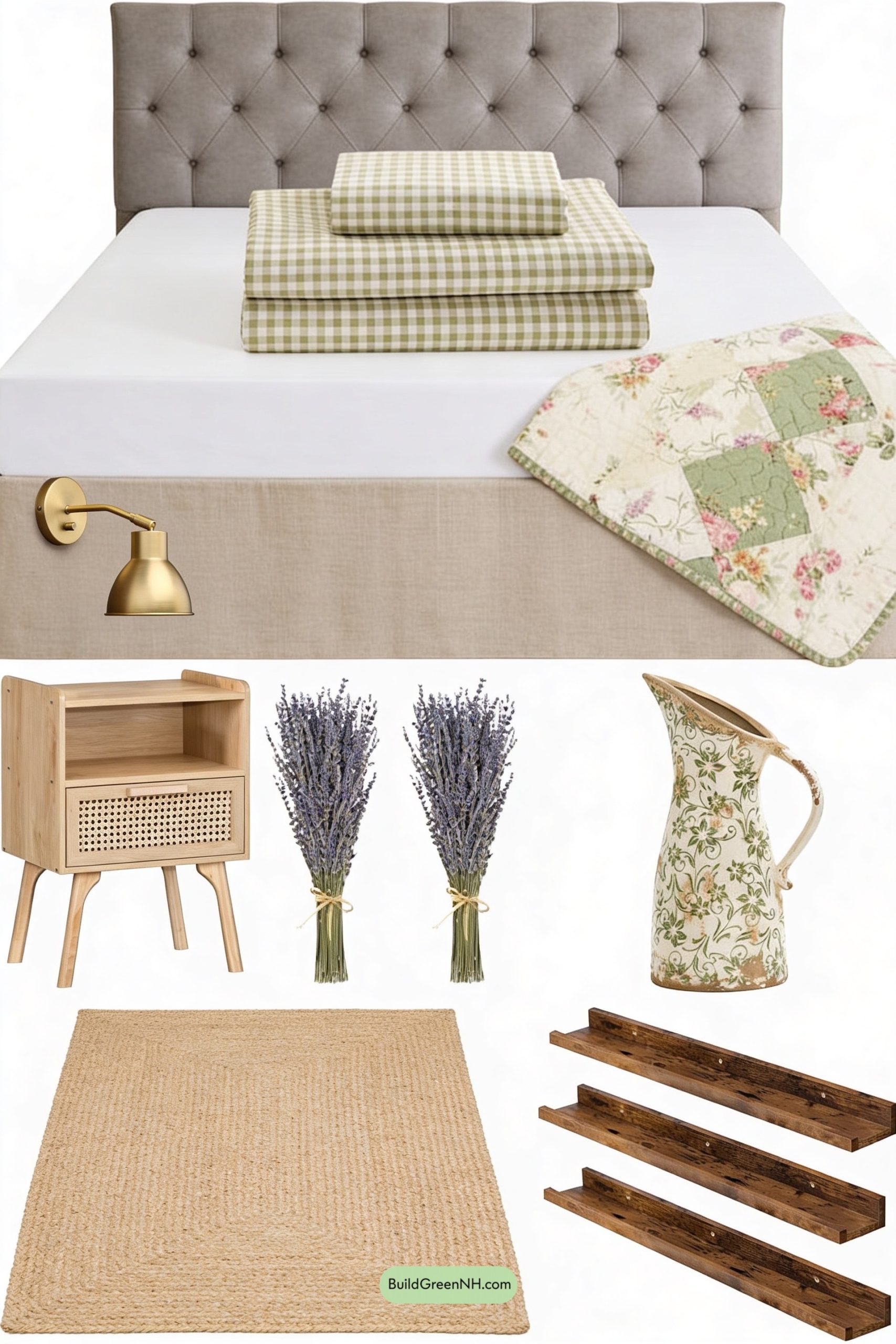 Moodboard for Gingham Calm, Cane Nightstand Charm