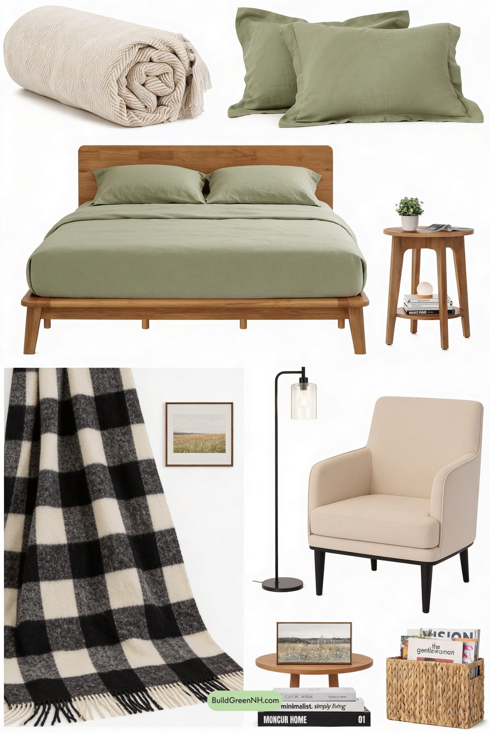 Moodboard for Bedside Library Corner, Cottage-Core Clean Lines