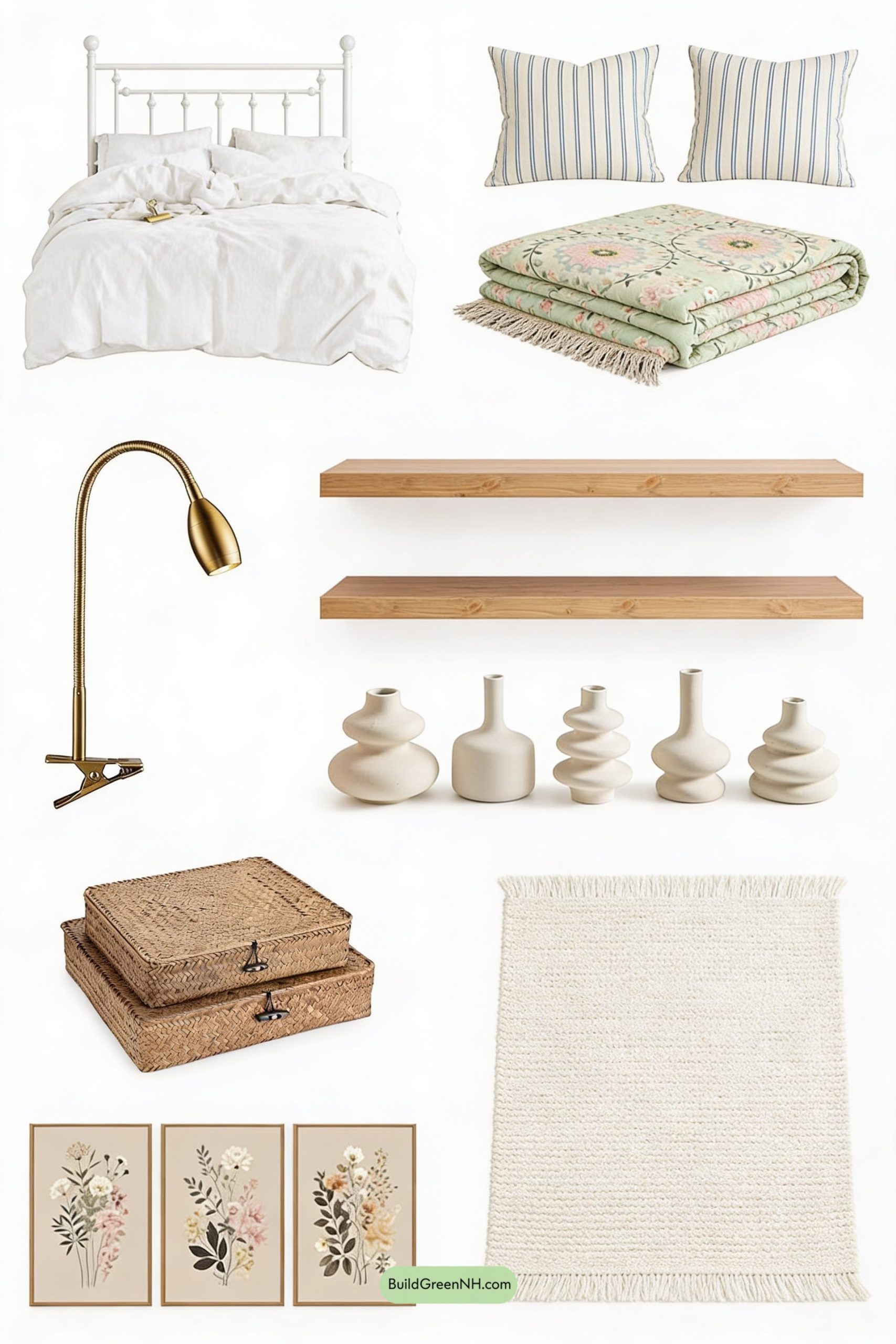 Moodboard for Curated Cottage Shelves Above Crisp Iron Bed