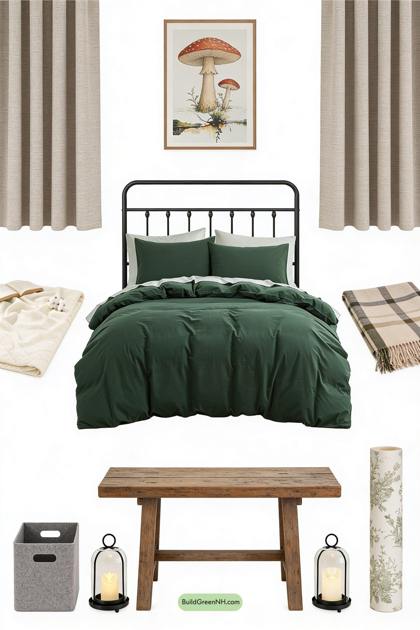 Moodboard for Rainy-Day Green Plaid Cottage Bedroom