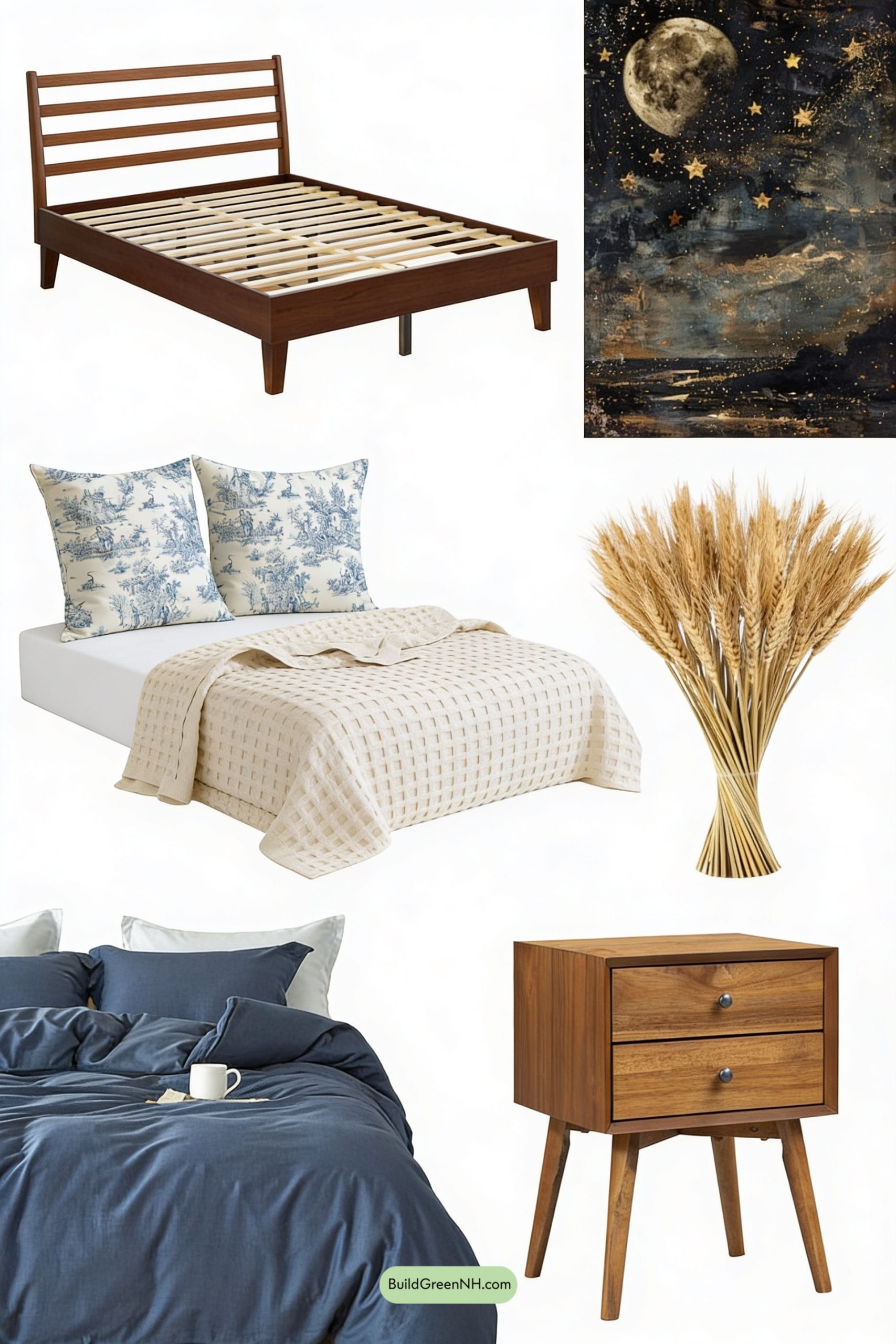 Moodboard for Indigo Night Cottage Bedroom Calm
