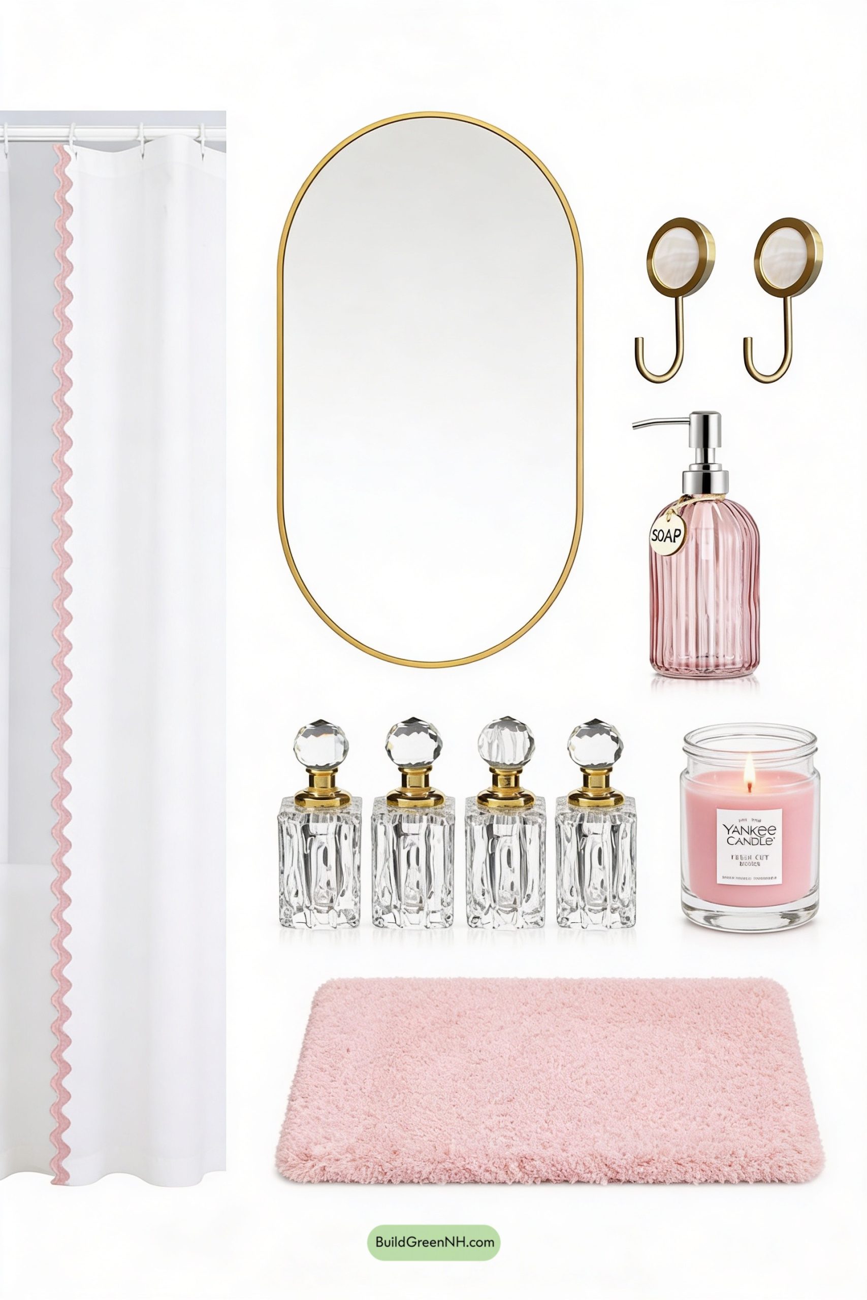 Moodboard for Coquette Blush Bathroom with Gold Glow
