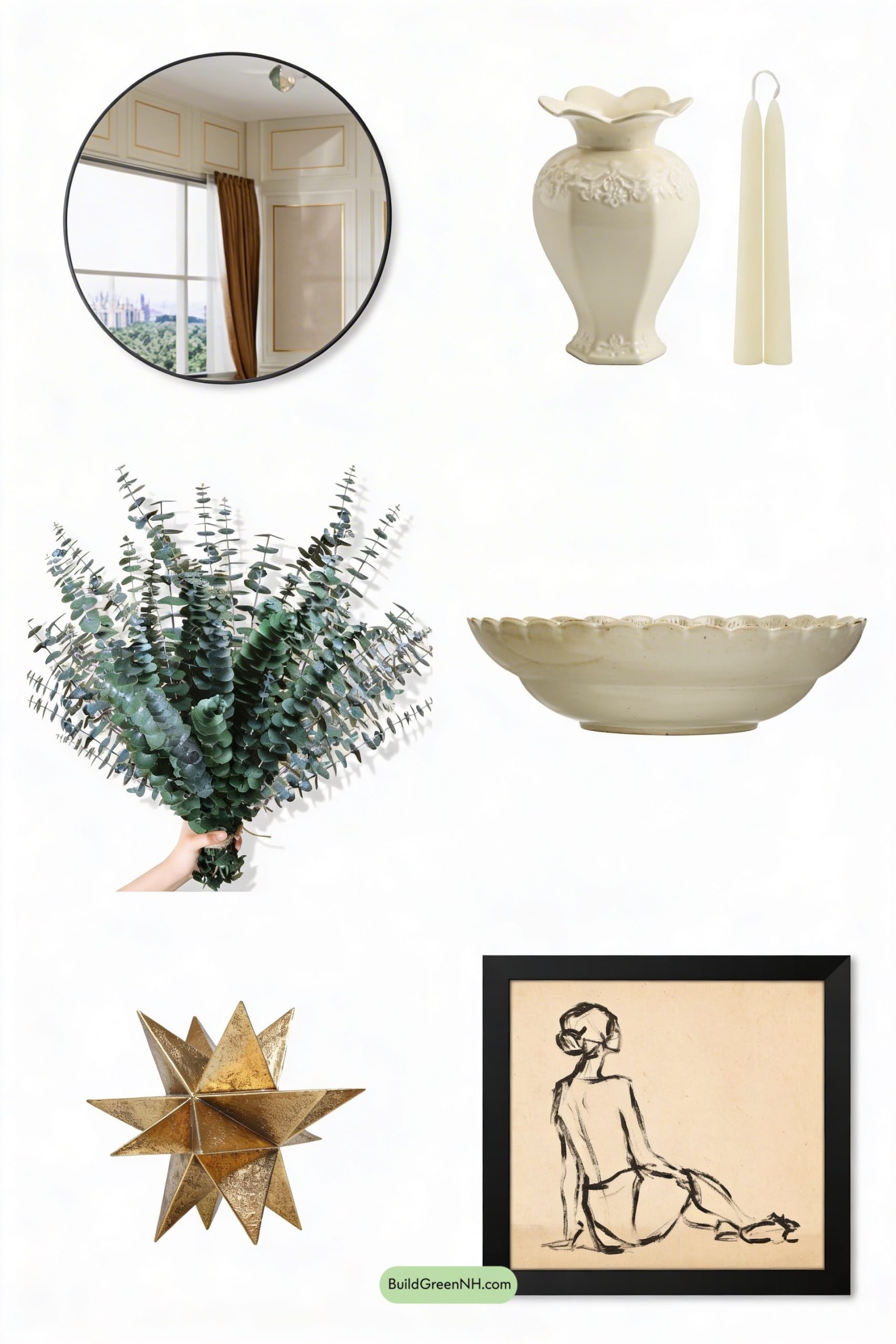 Moodboard for Asymmetrical Spring Mantel, Gallery-Style Calm