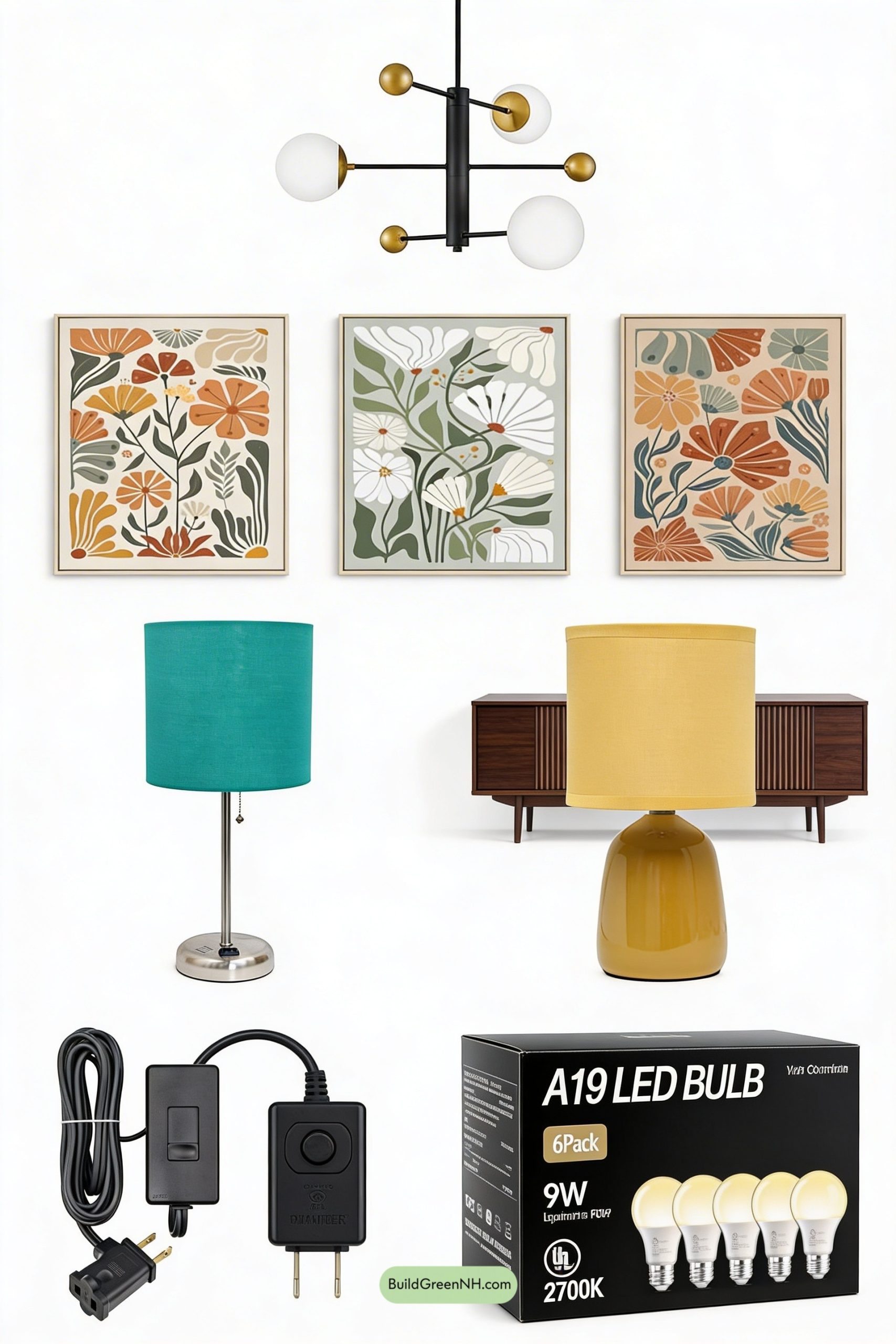 Moodboard for Brass-Trim Mobile Chandelier, Color-Pop Glow