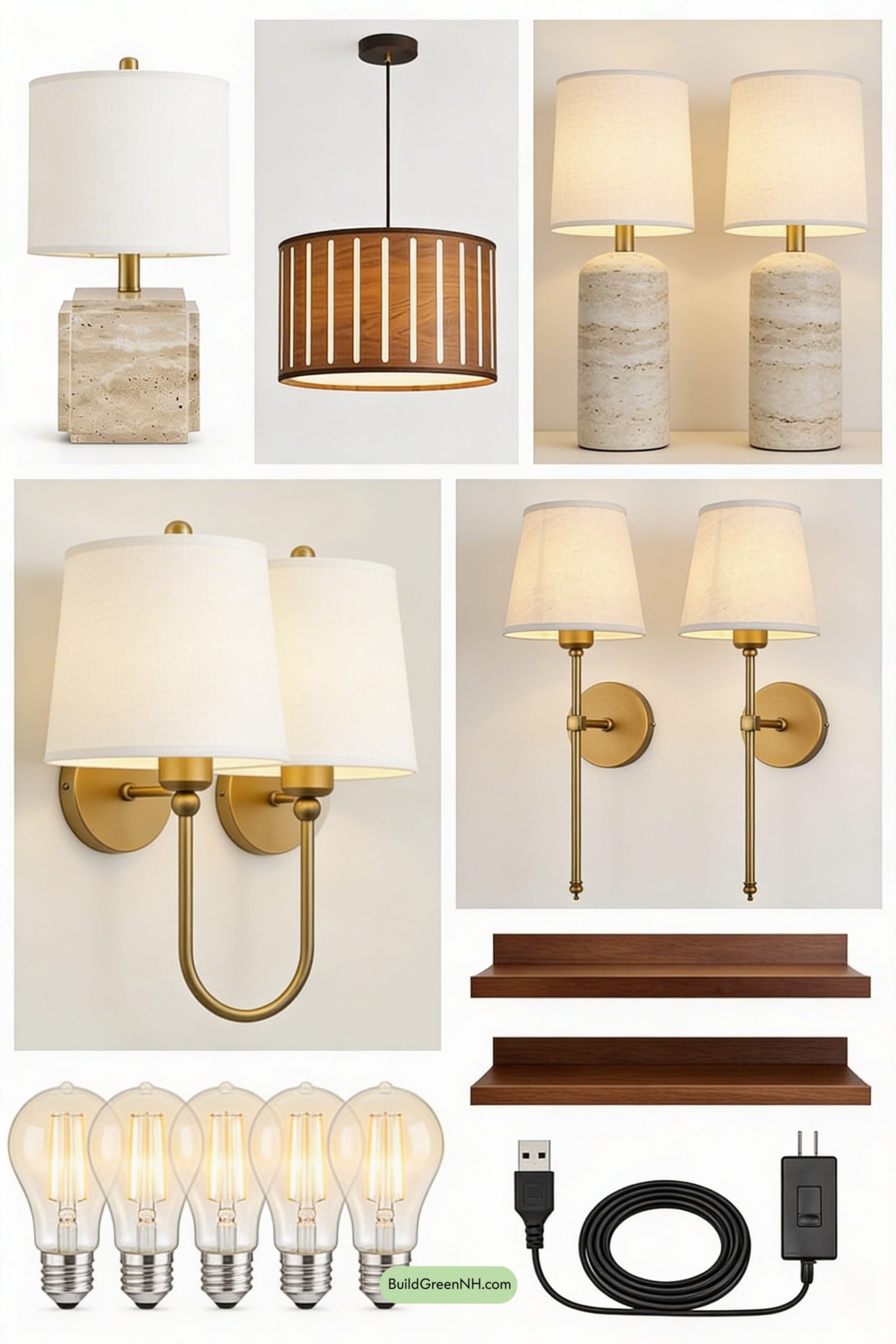 Moodboard for Wood-Slat Glow, Stone-Lamp Balance
