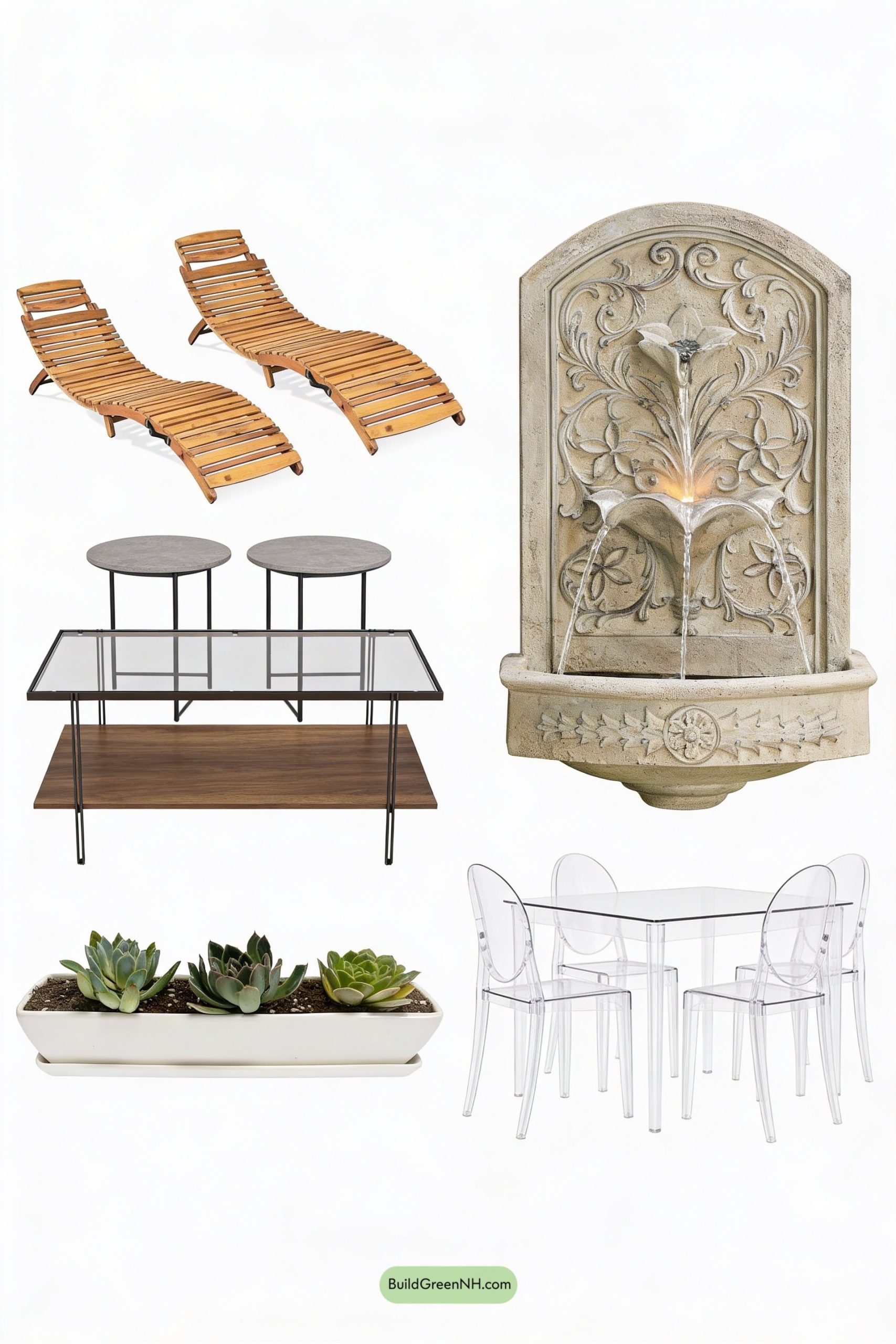 Moodboard for Sculptural Loungers on a Marble-Glass Patio