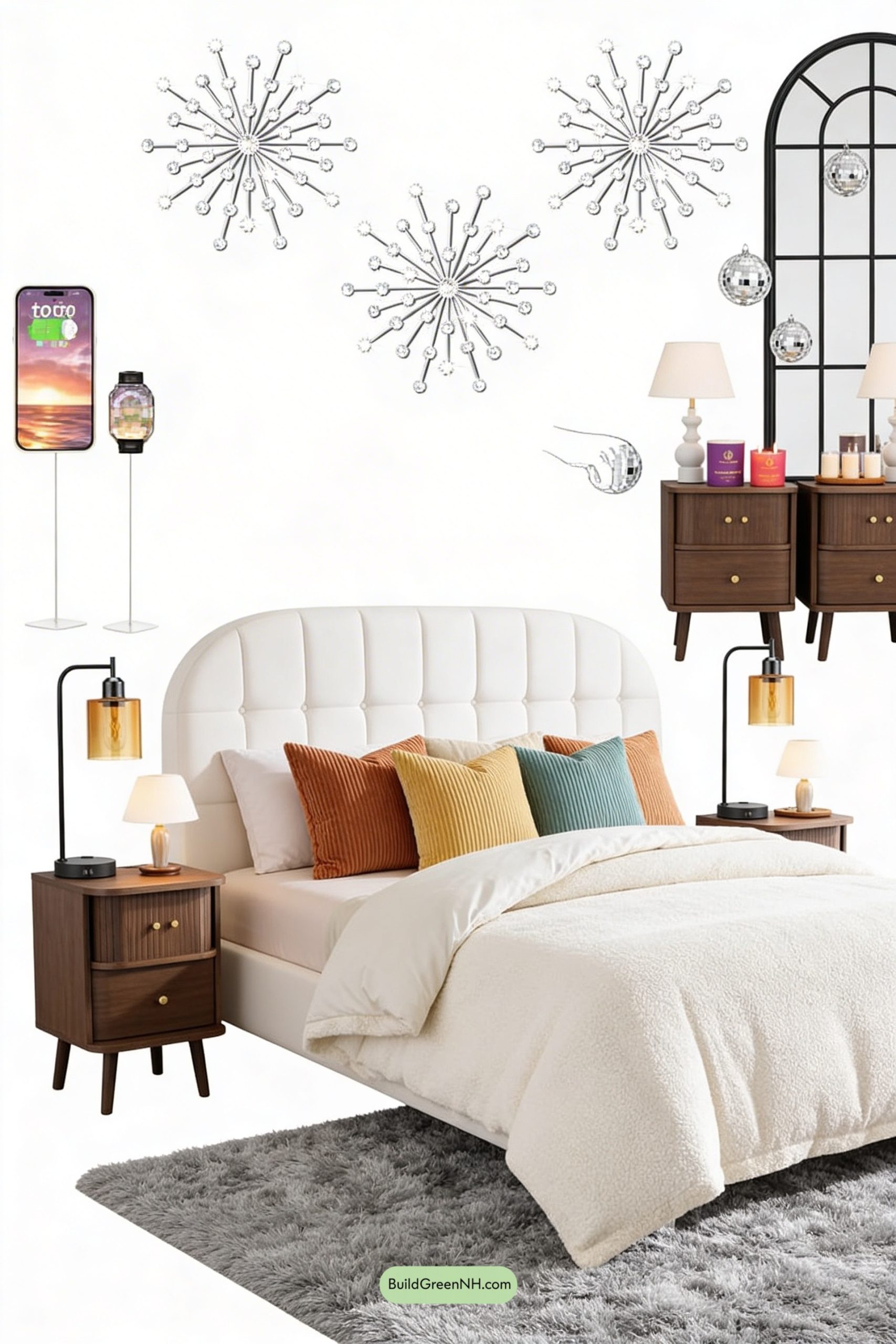 Moodboard for Amber Glow Bouclé Bedroom With Sunbursts