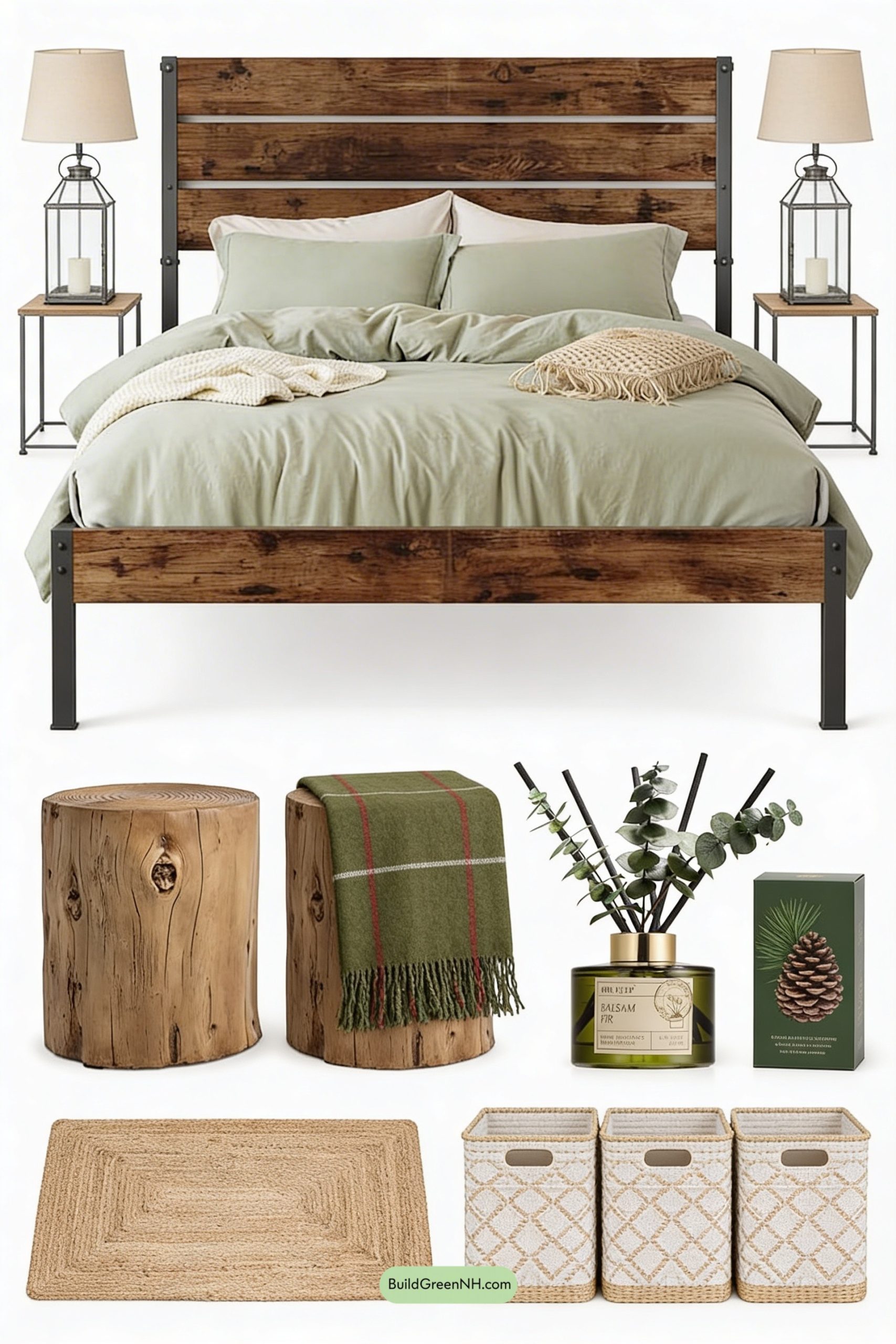 Moodboard for Lantern-Lit Cabin Bed, Forest-Soft Greens