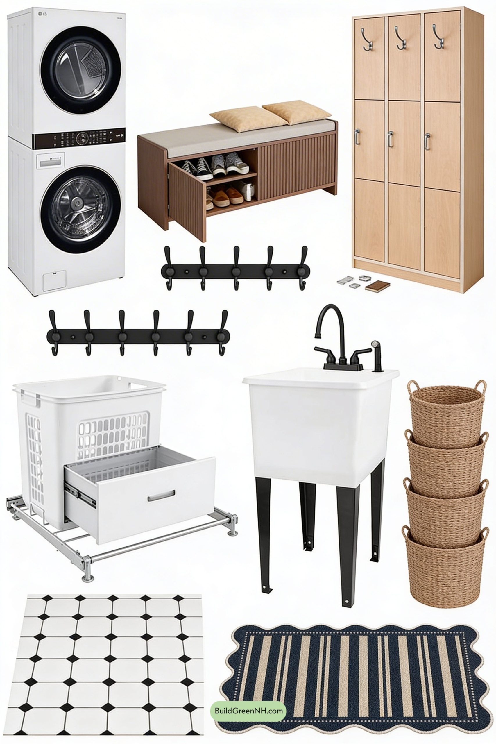 Moodboard for Checkered Farmhouse Mudroom That Hides Laundry