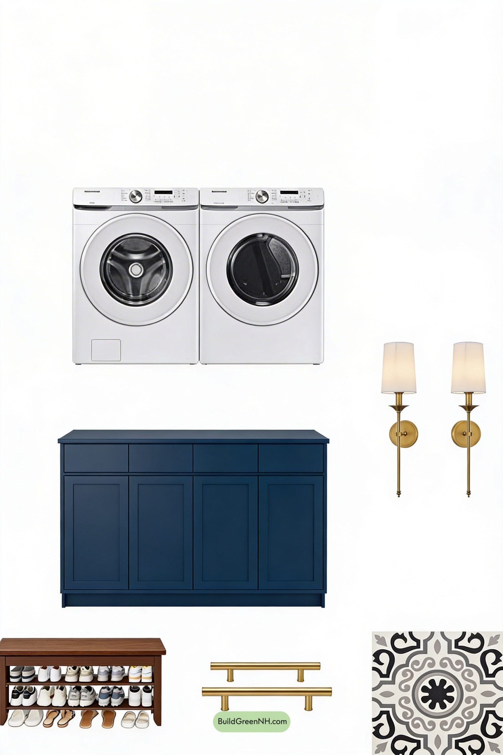 Moodboard for Navy Mudroom Laundry with Arched Cubbies