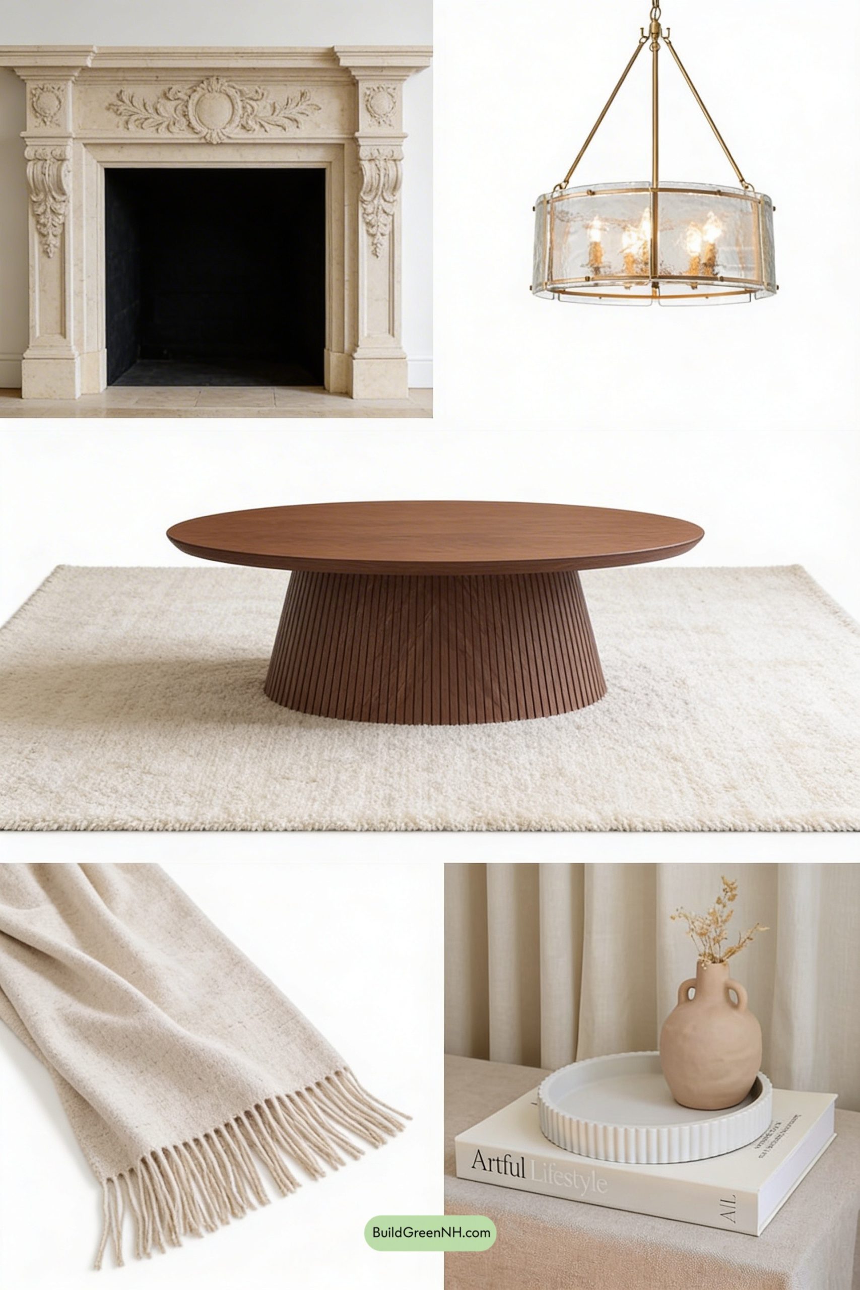 Moodboard for Curves, Limestone, and a Soft-Glow Hearth