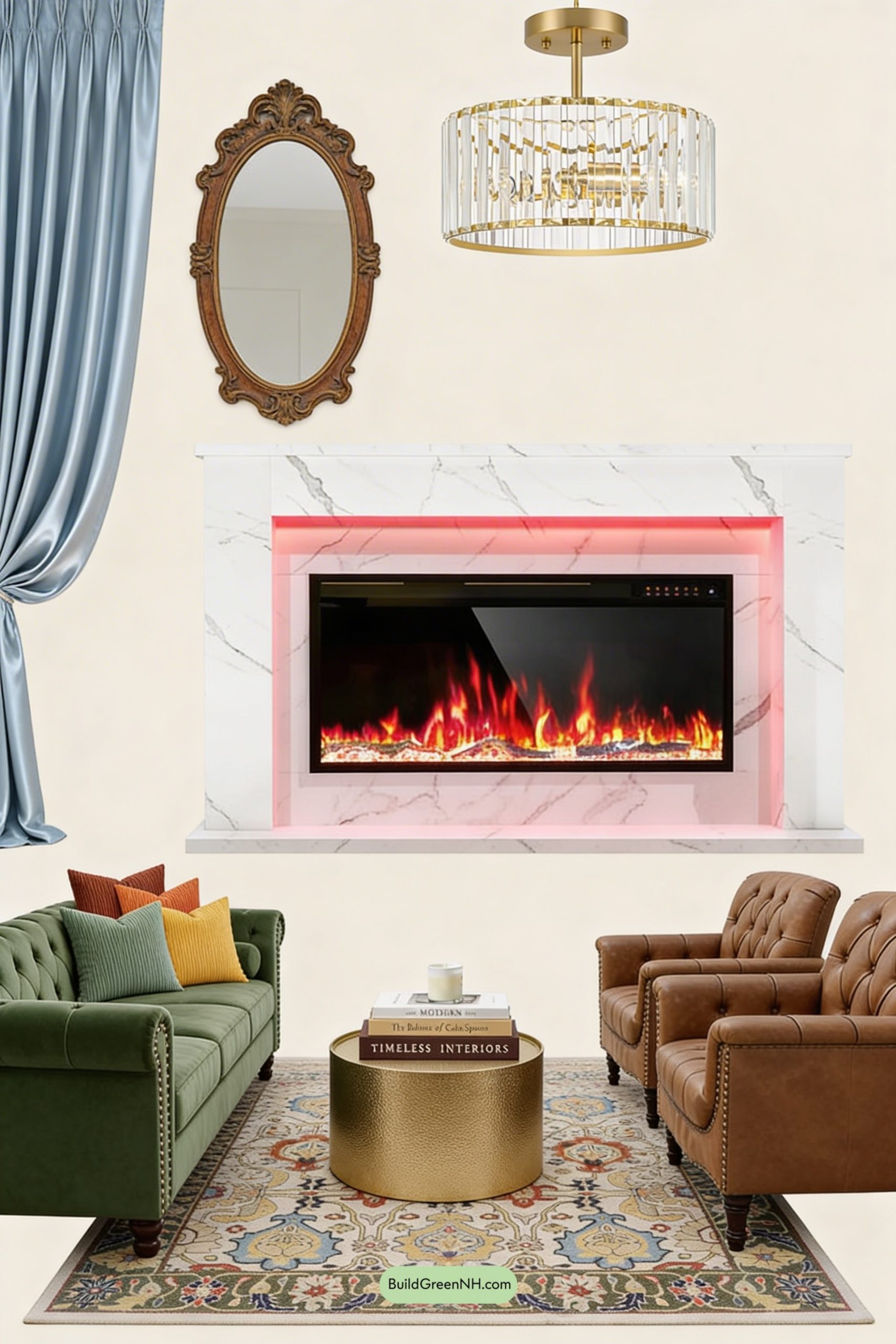 Moodboard for Emerald Chesterfield Meets Marble-Glow Hearth