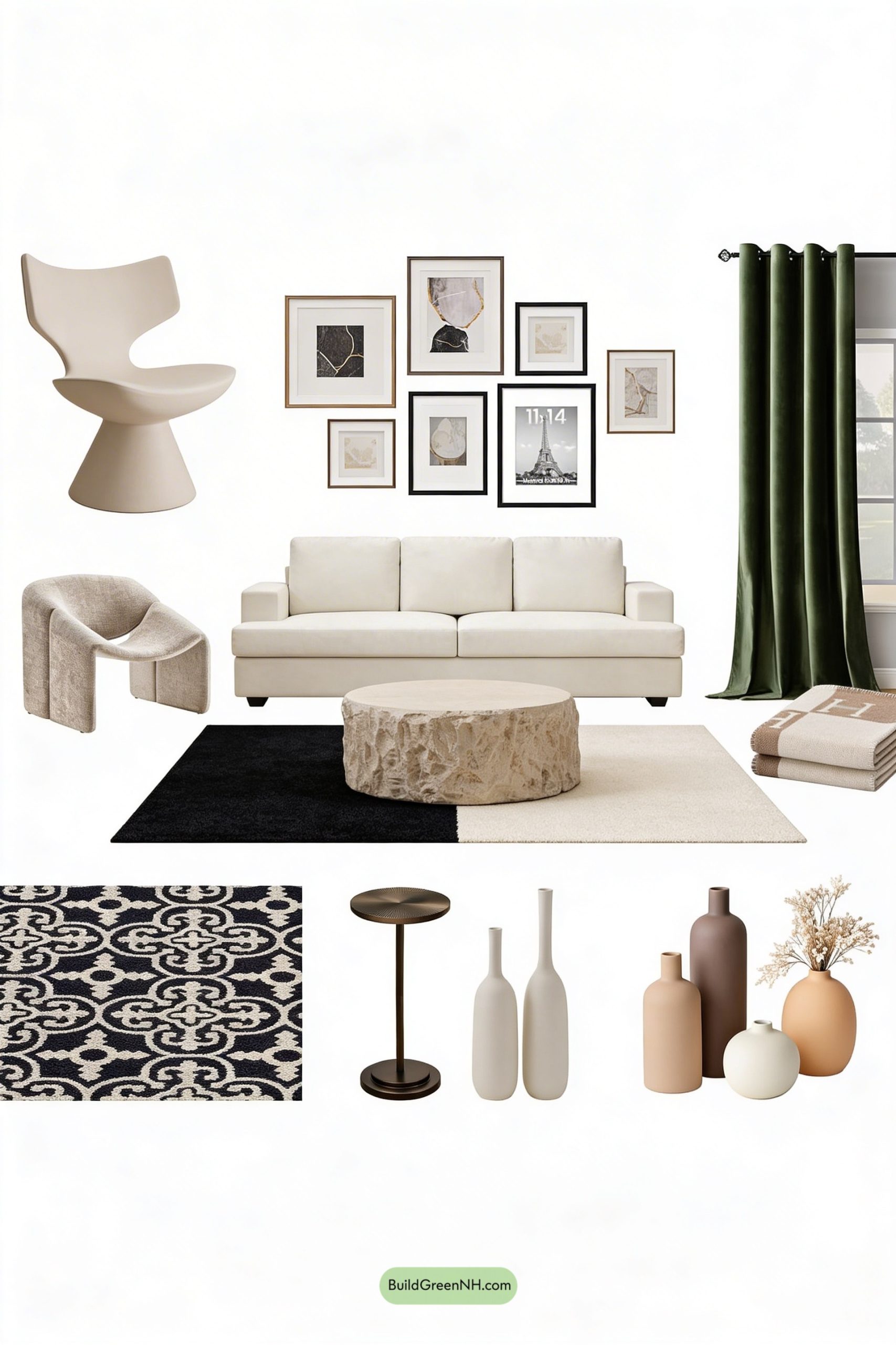 Moodboard for Gallery Wall, Soft Curves, Bold Rug