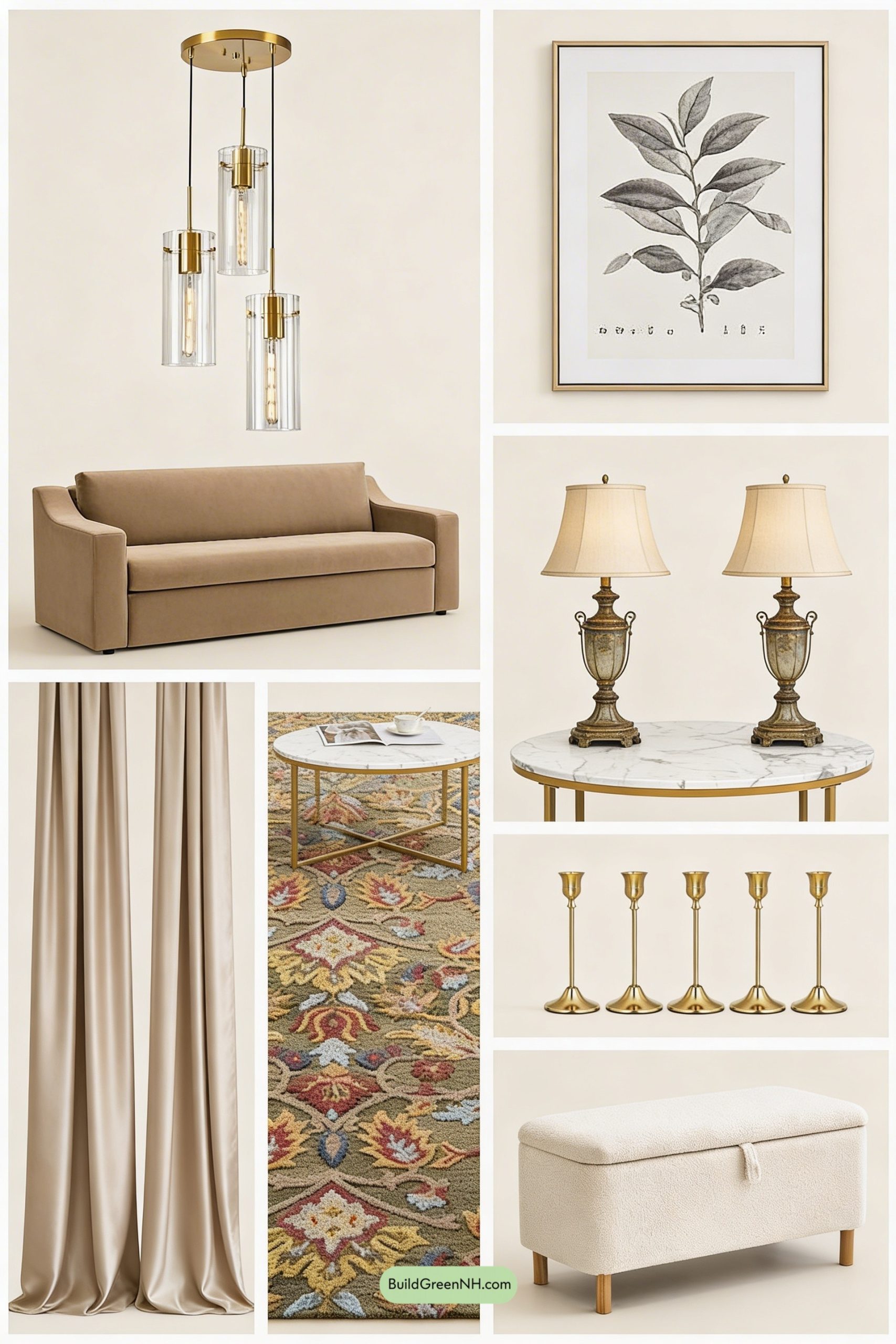 Moodboard for Candlelit Brass Glow, Velvet-Soft Lounging