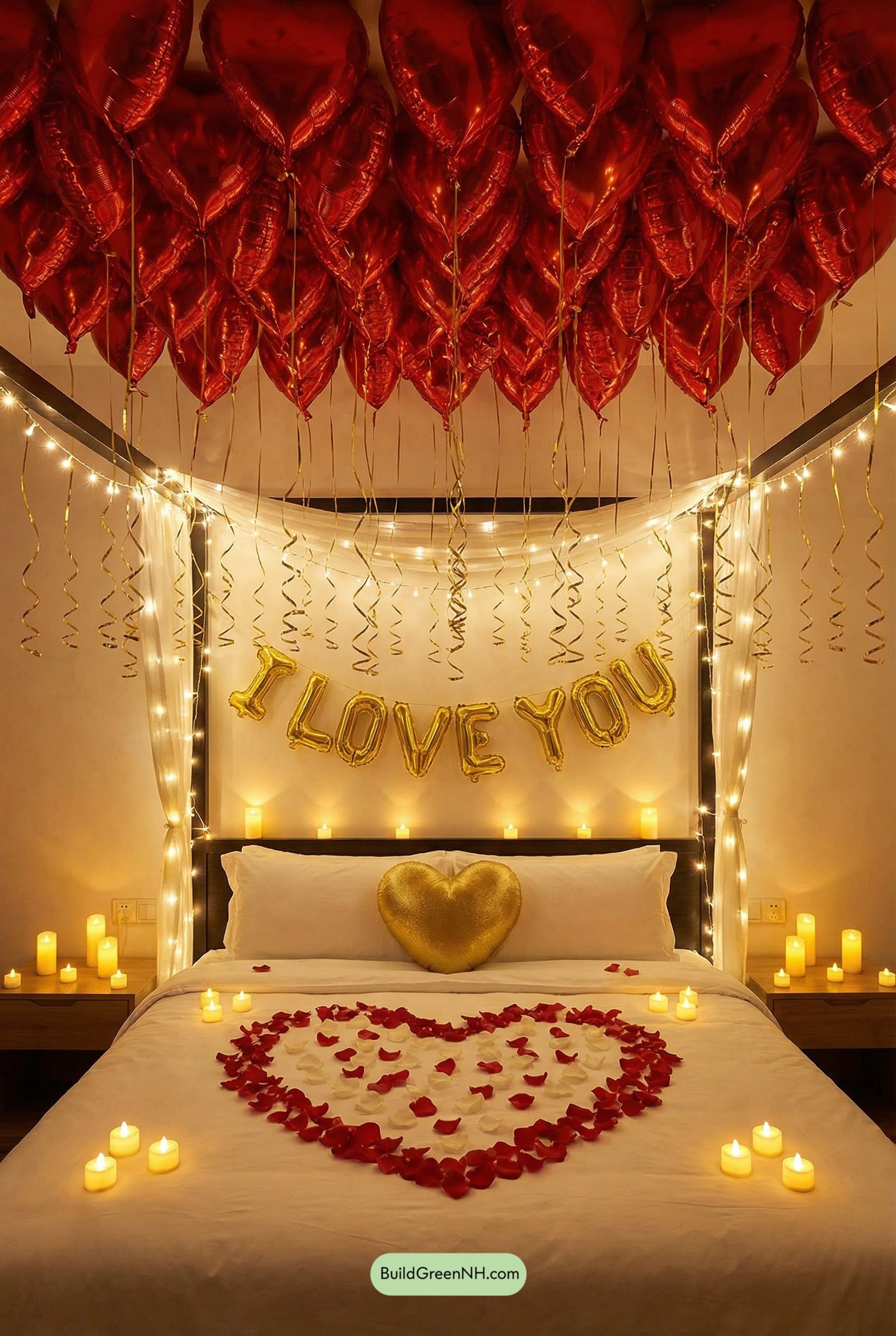 Heart-Balloon Canopy Over Candlelit Bed