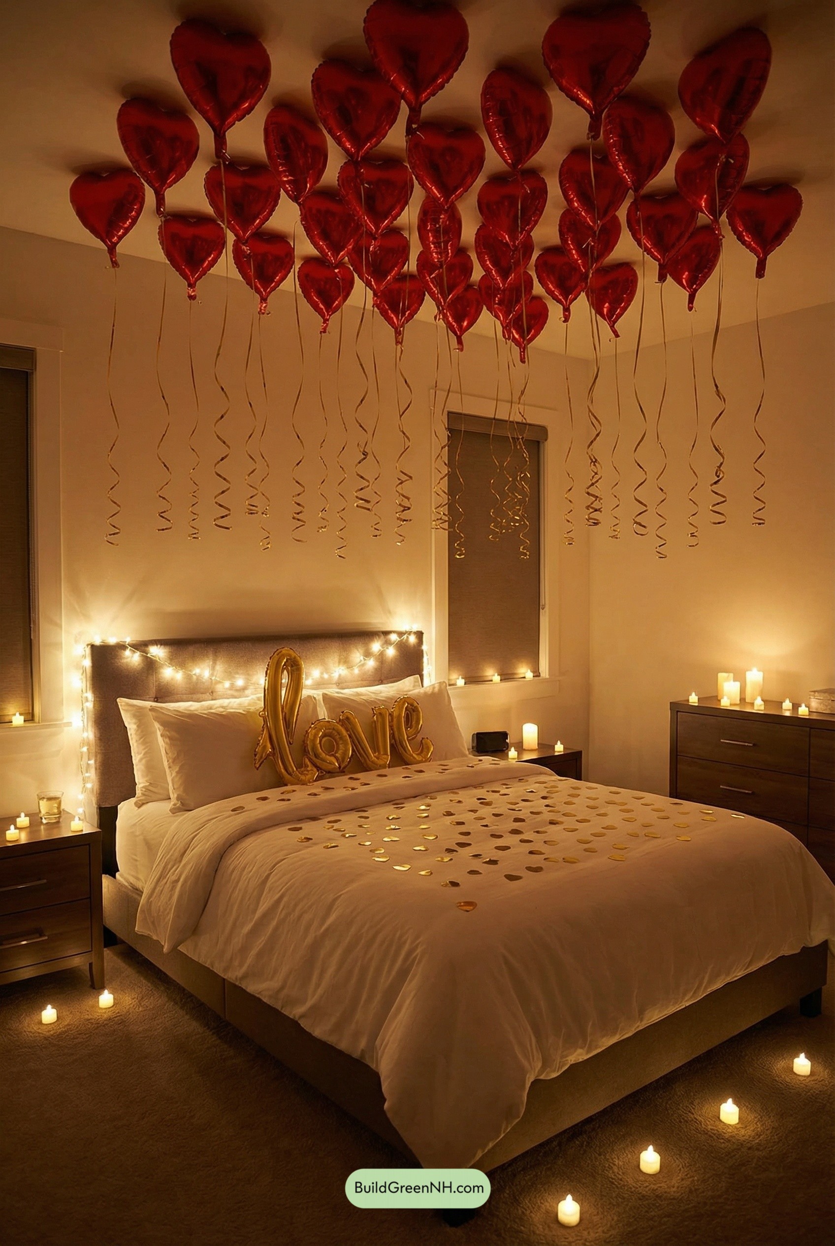 Heart Balloon Constellation Over Candlelit Bed