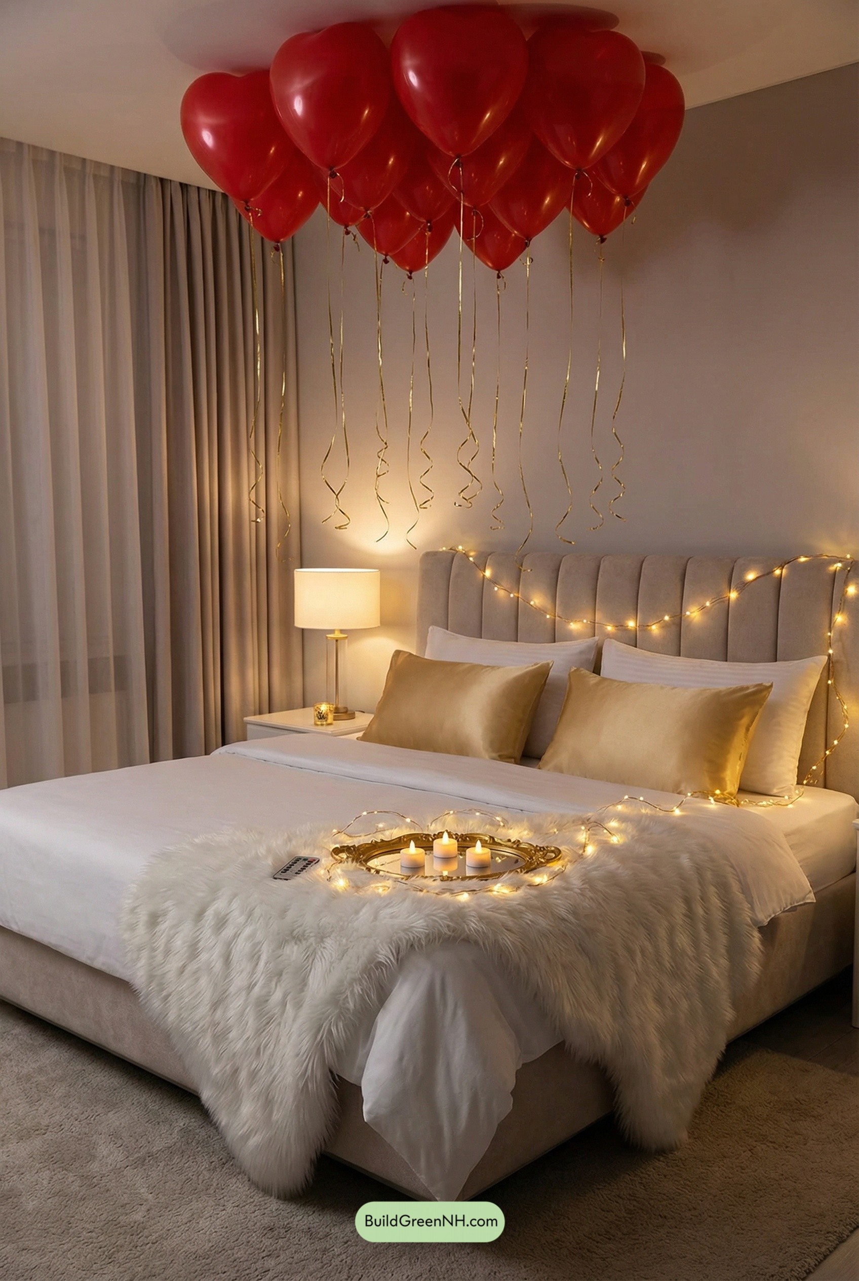 Heart Balloon Chandelier Over White Bed