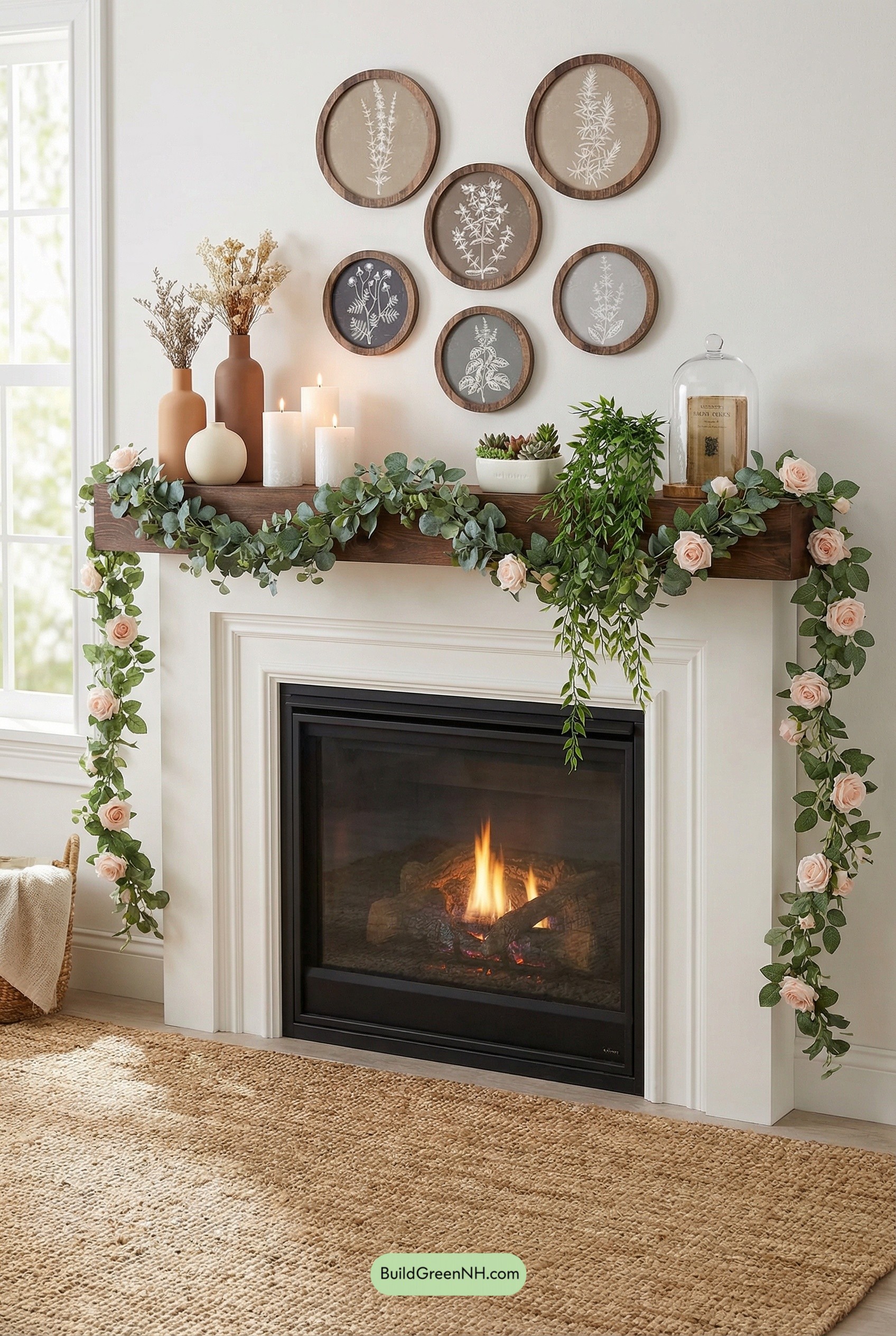 Blush Roses and Greenery Mantel Moment