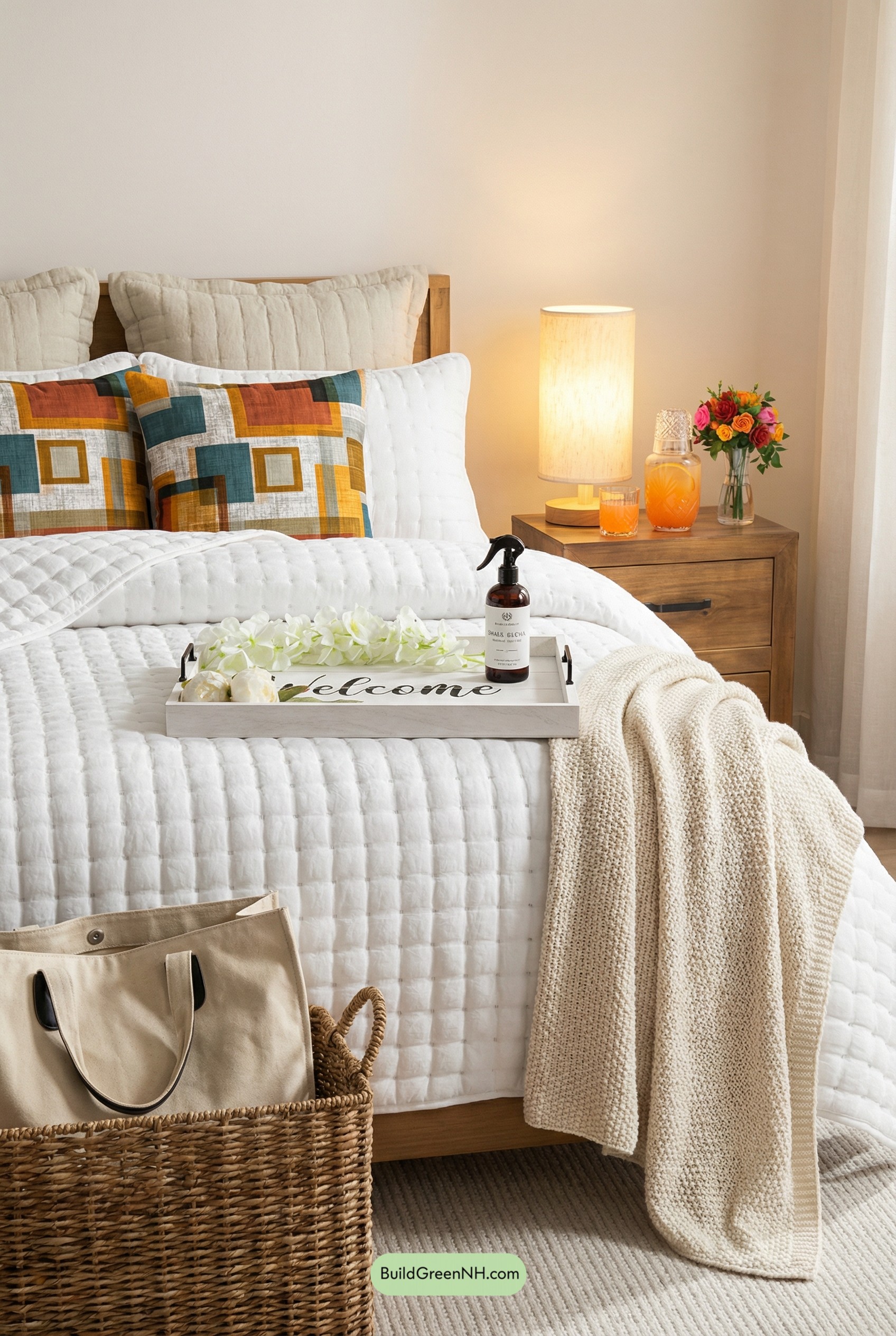 Patchwork Pops on Cloud-White Bedding