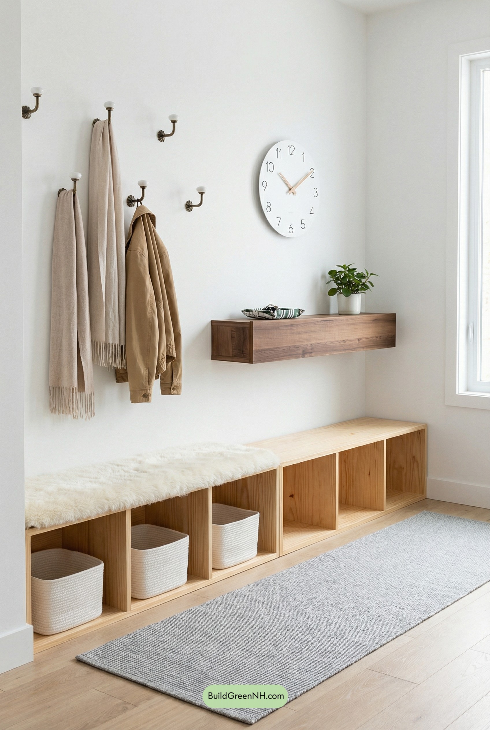 Snow-White Scandi Mudroom With Pine Cubbies