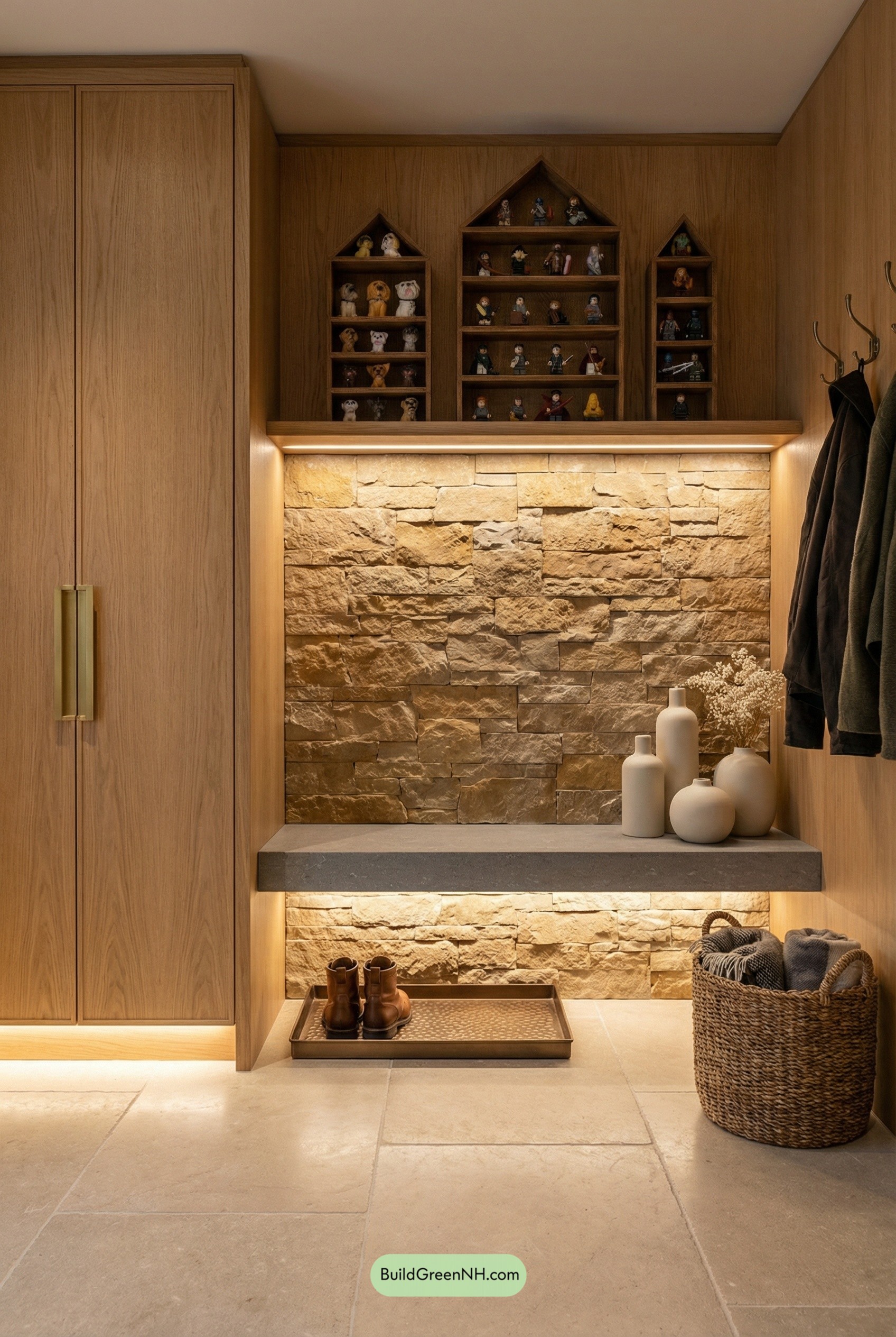 Stone-and-Oak Mudroom With Gallery Niche